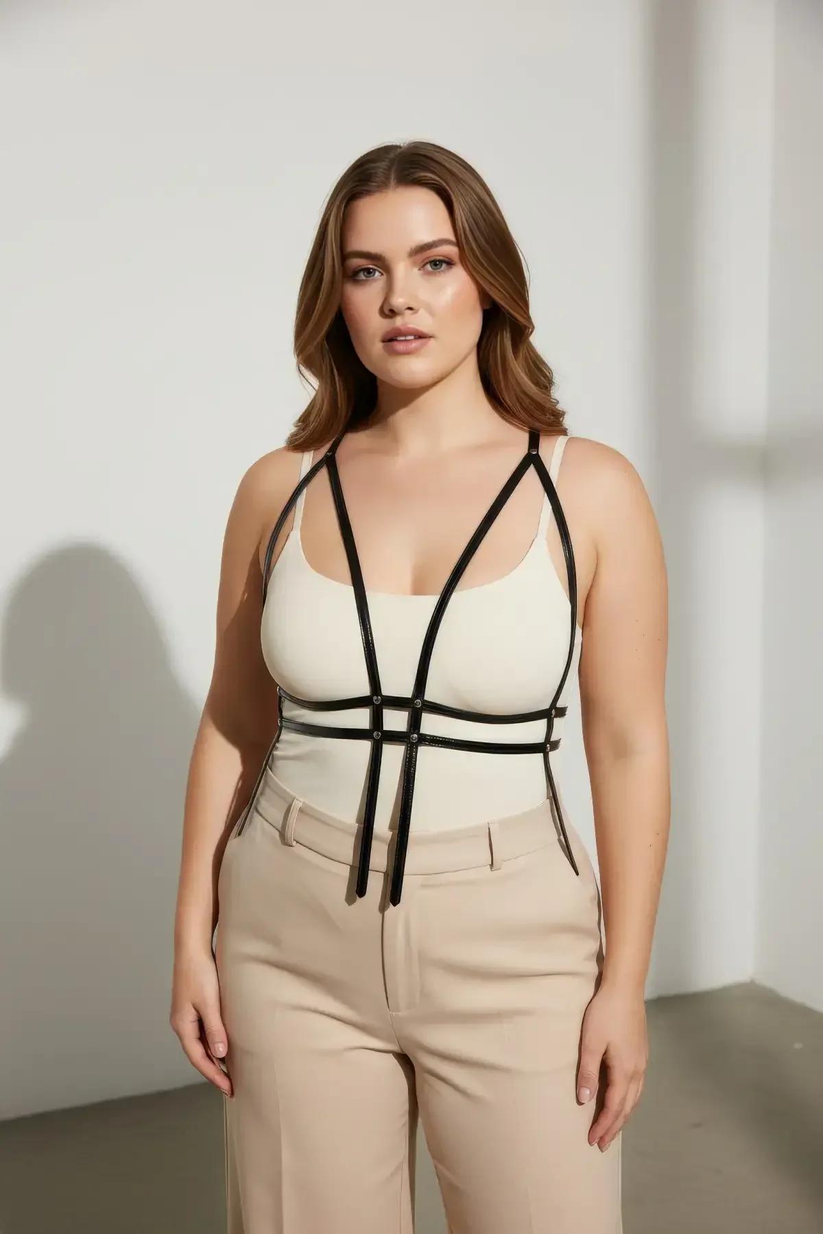 Caged Faux Leather Harness with Geometric Chest Straps
