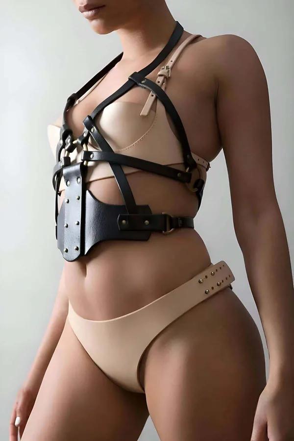 Women's Leather Chest Harness | Adjustable Studded Body Cage