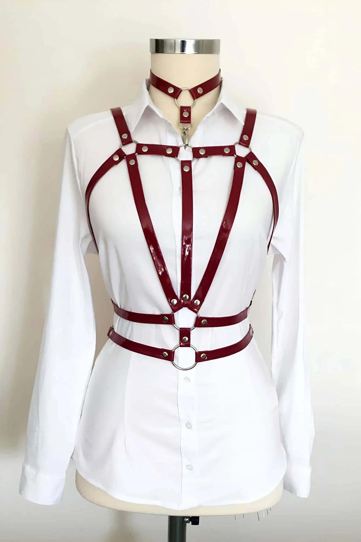 Red Faux Leather Body Harness - Adjustable Halterneck Style