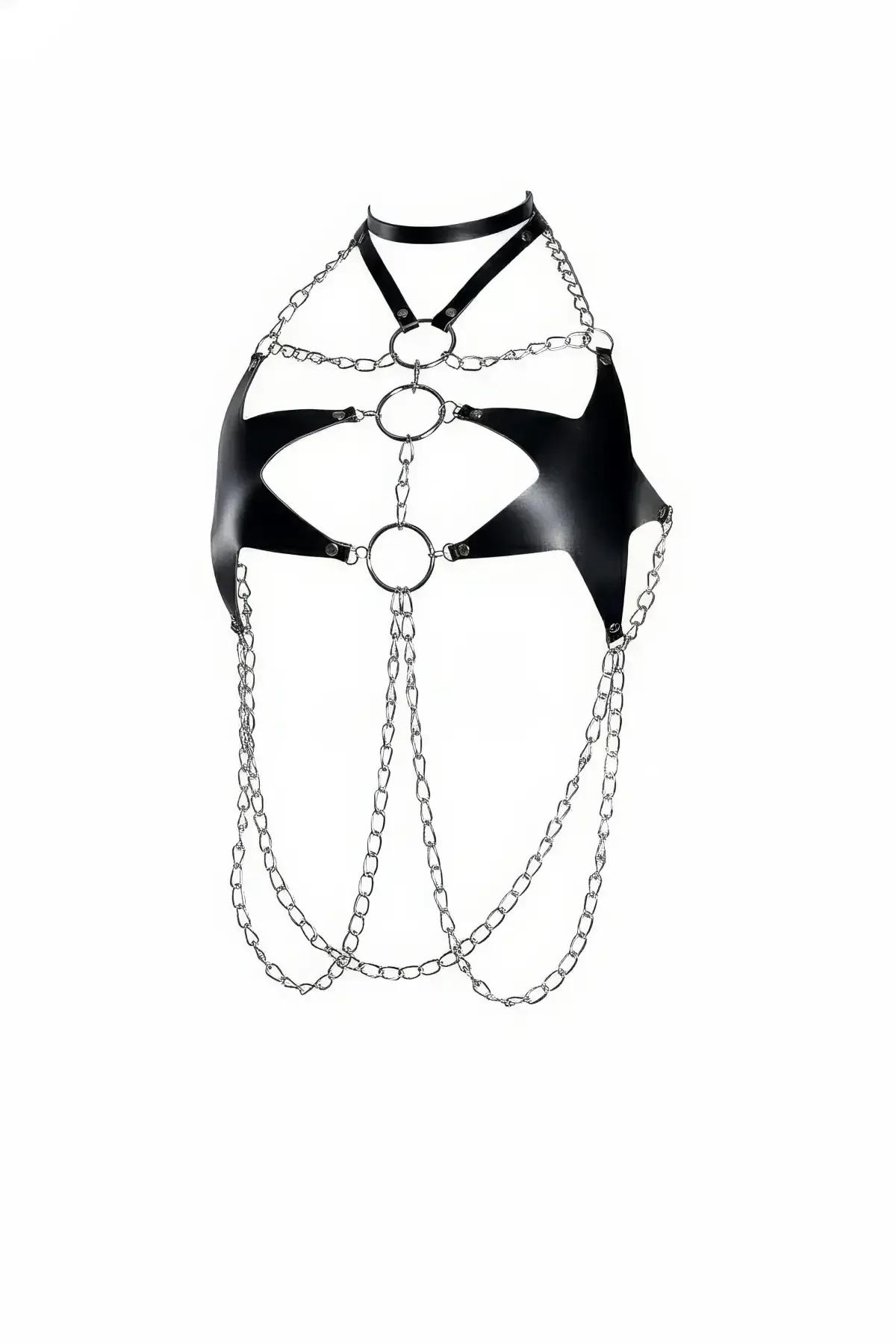 O-Ring Faux Leather Chest Harness with Choker & Body Chains