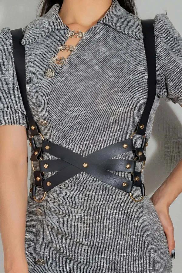 Black Faux Leather Cross-Back Body Harness Women Gold O-Rings Crisscross Straps