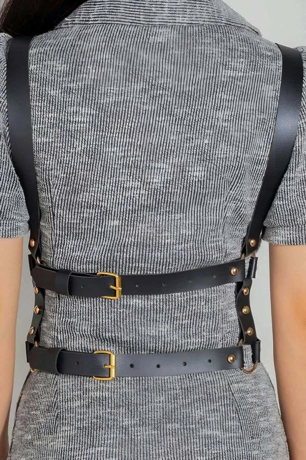 Black Faux Leather Cross-Back Body Harness Women Gold O-Rings Crisscross Straps