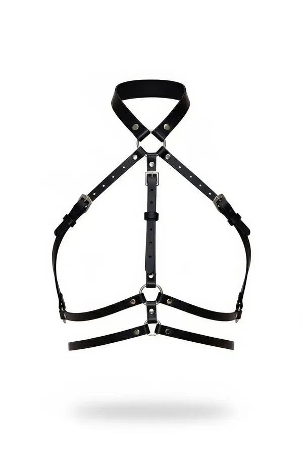 High Collar Strappy Faux Leather Body Harness with O-Rings