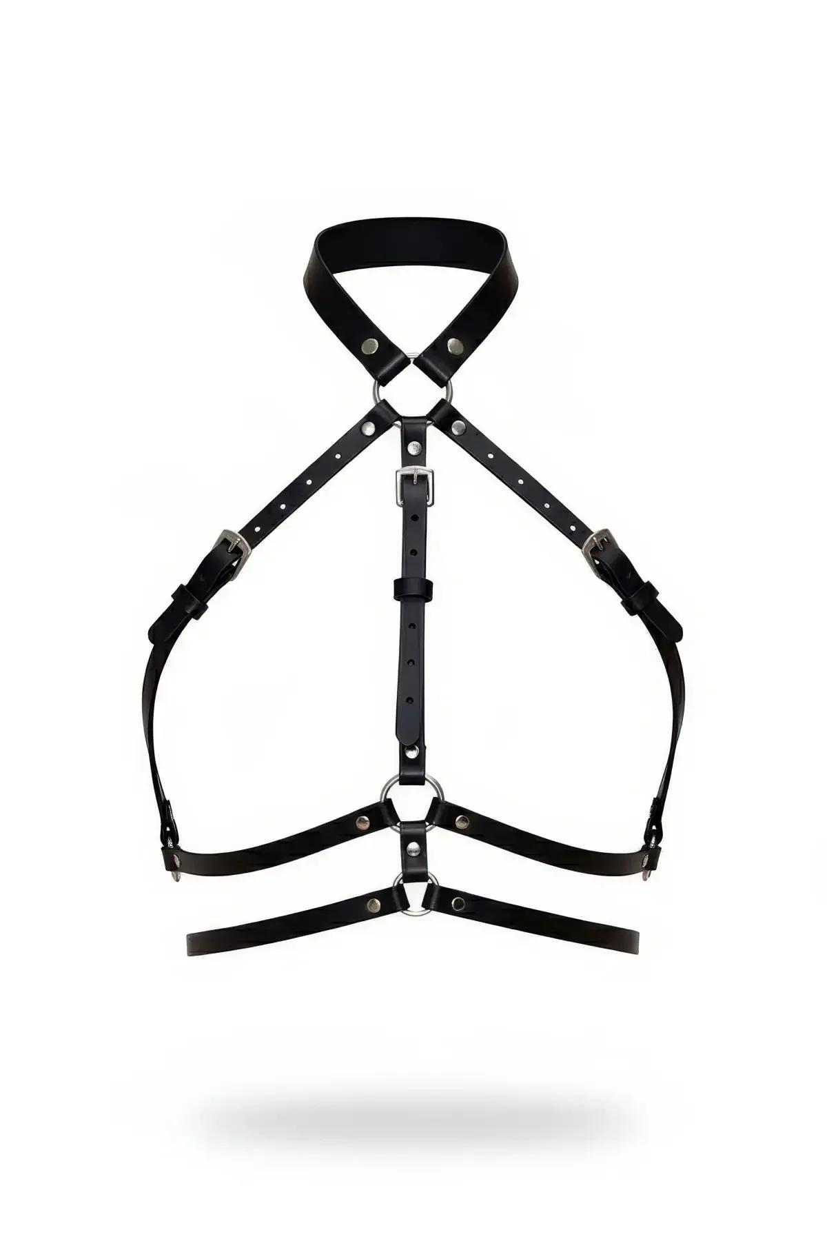 High Collar Strappy Faux Leather Body Harness with O-Rings