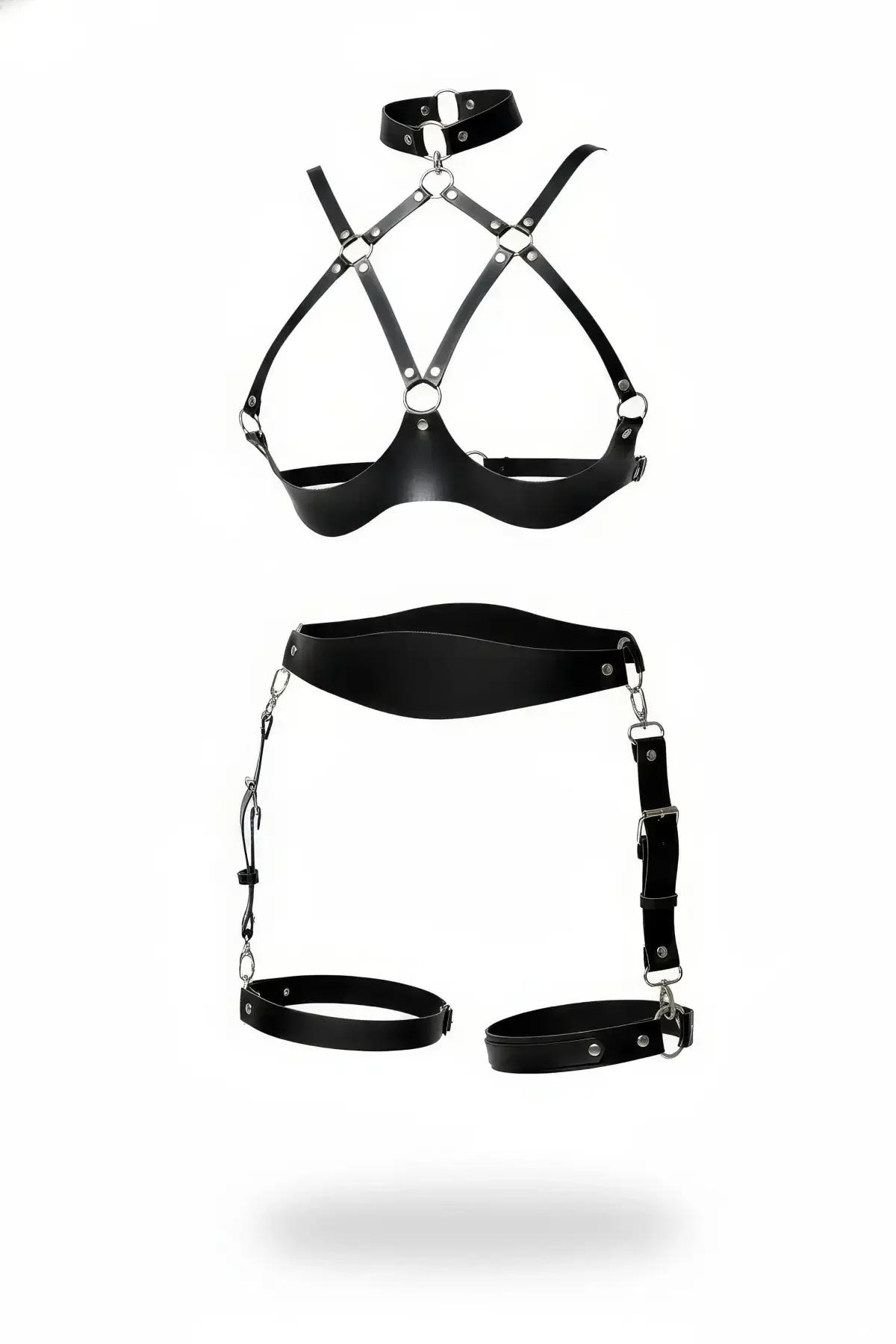 Open Bust Harness Bra & Thigh Garter Set with Choker
