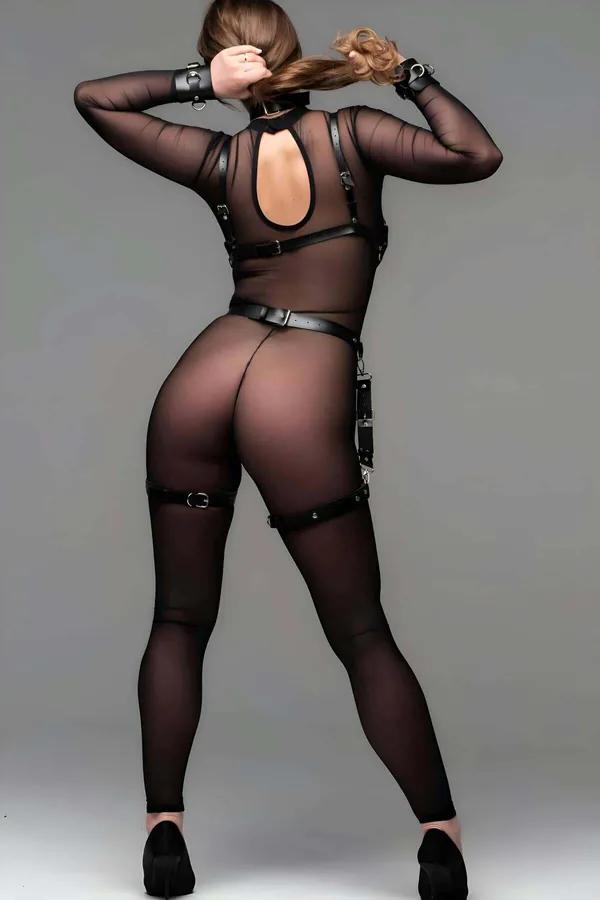 Striking Black Leather O-Ring Body Harness, Thigh Garter Set & Bracelet