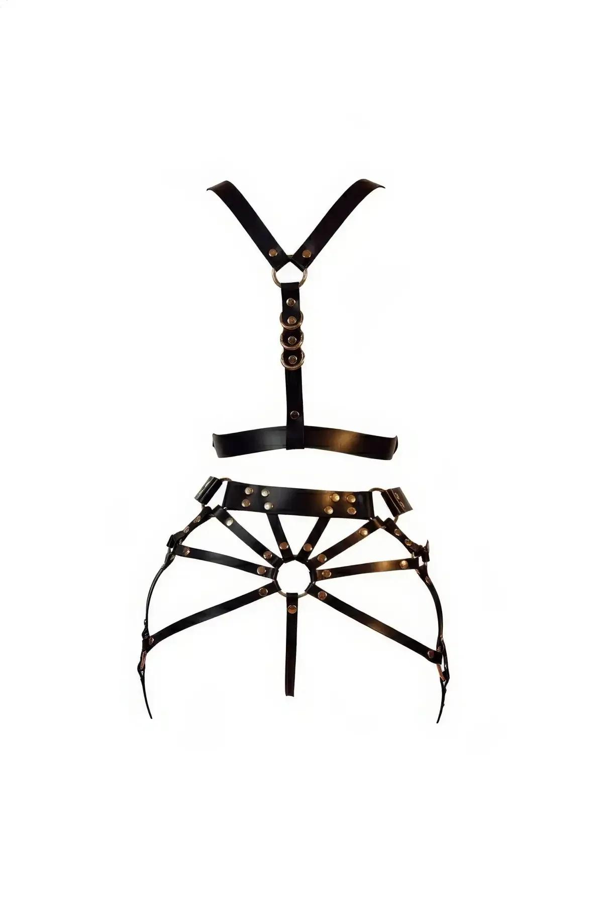 Two-Piece Faux Leather Body Harness with O-Ring Garter Skirt