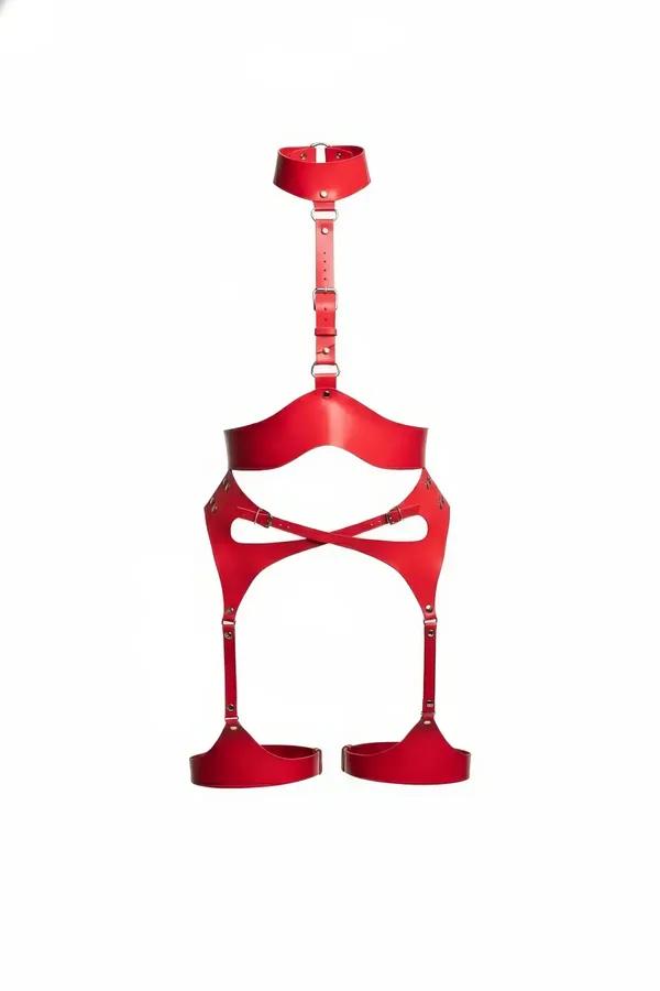 Red Faux Leather Body Harness with Choker and Leg Straps