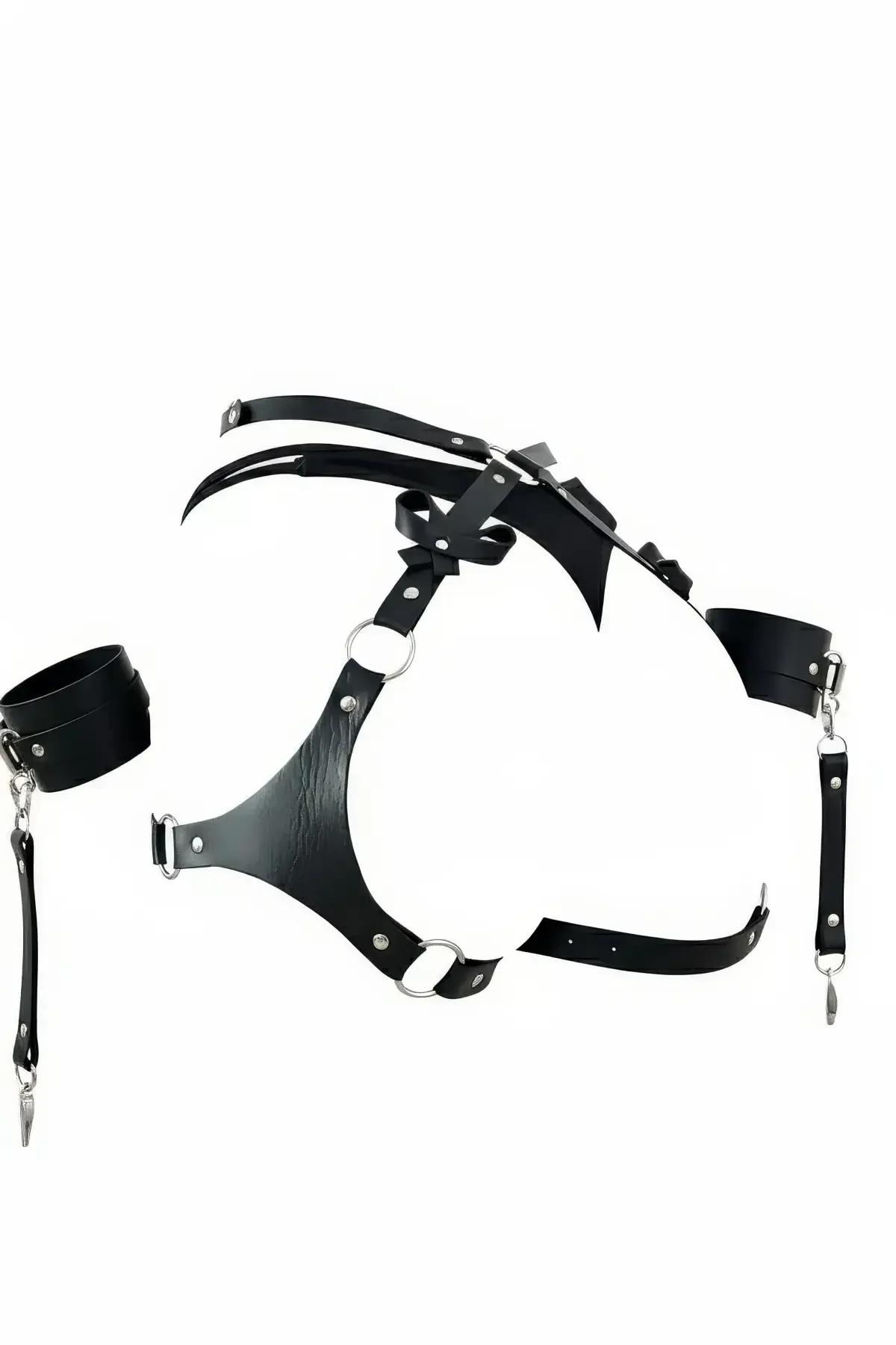 Body Harness Set with Faux Leather Bows & Wrist Cuffs