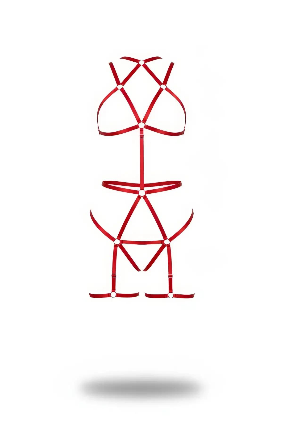 Red Body Harness with Adjustable Satin Straps & Metal Rings