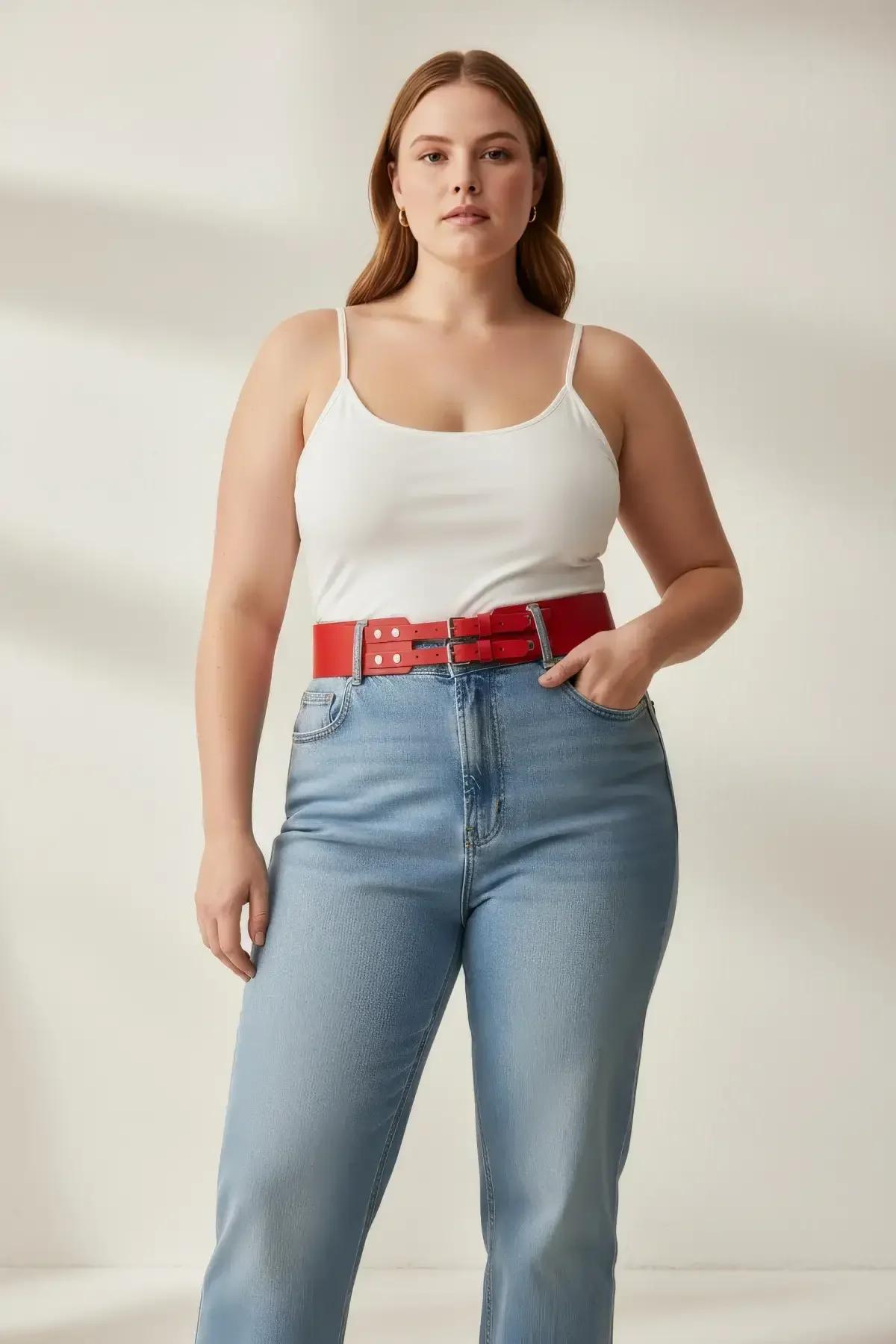Red Faux Leather Waist Belt with Twin Buckles