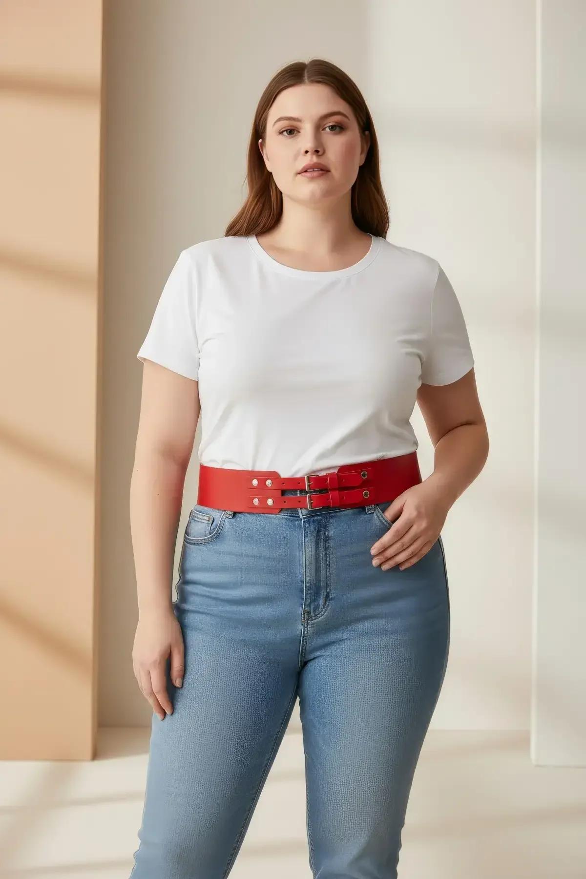 Red Faux Leather Waist Belt with Twin Buckles