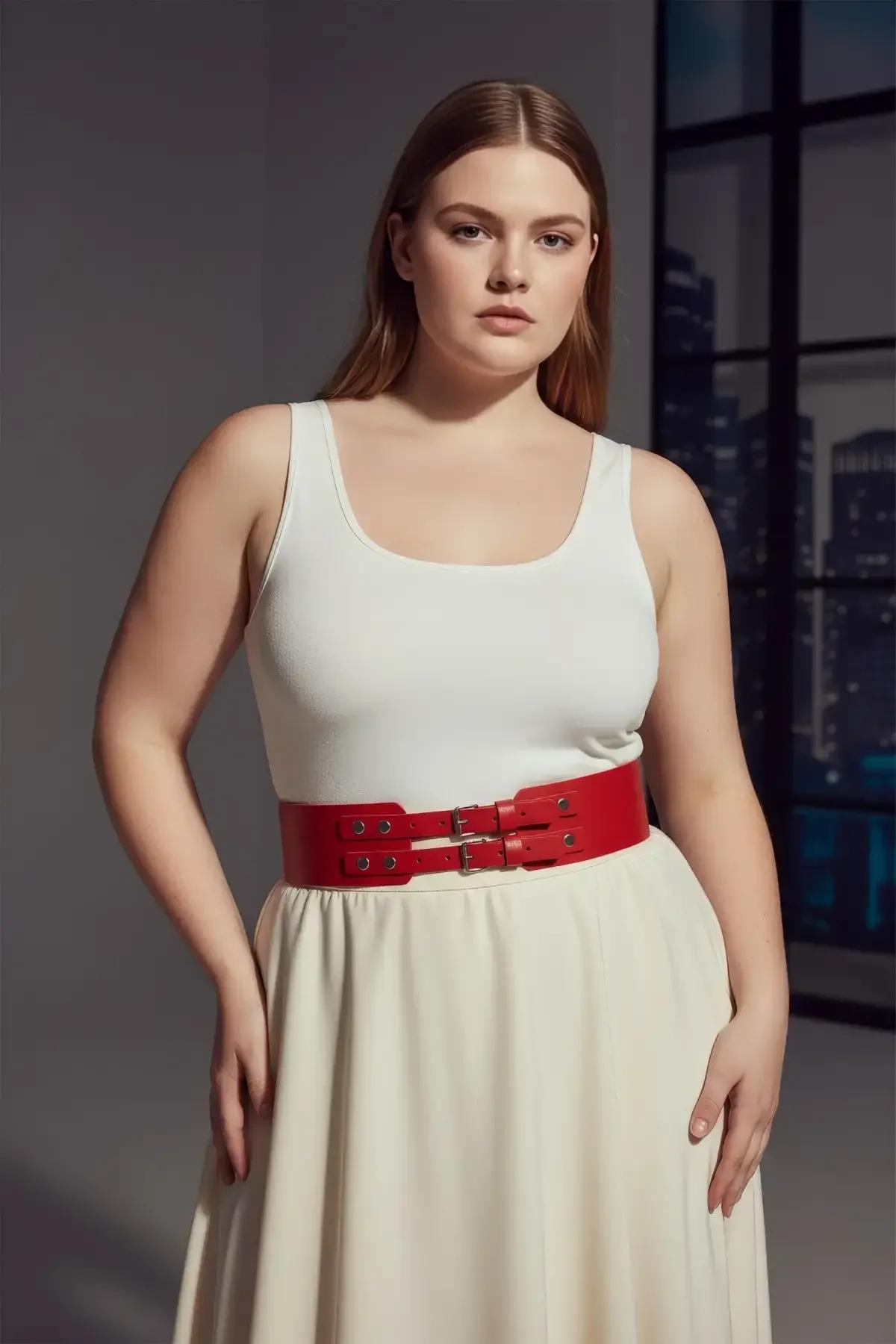 Red Faux Leather Waist Belt with Twin Buckles