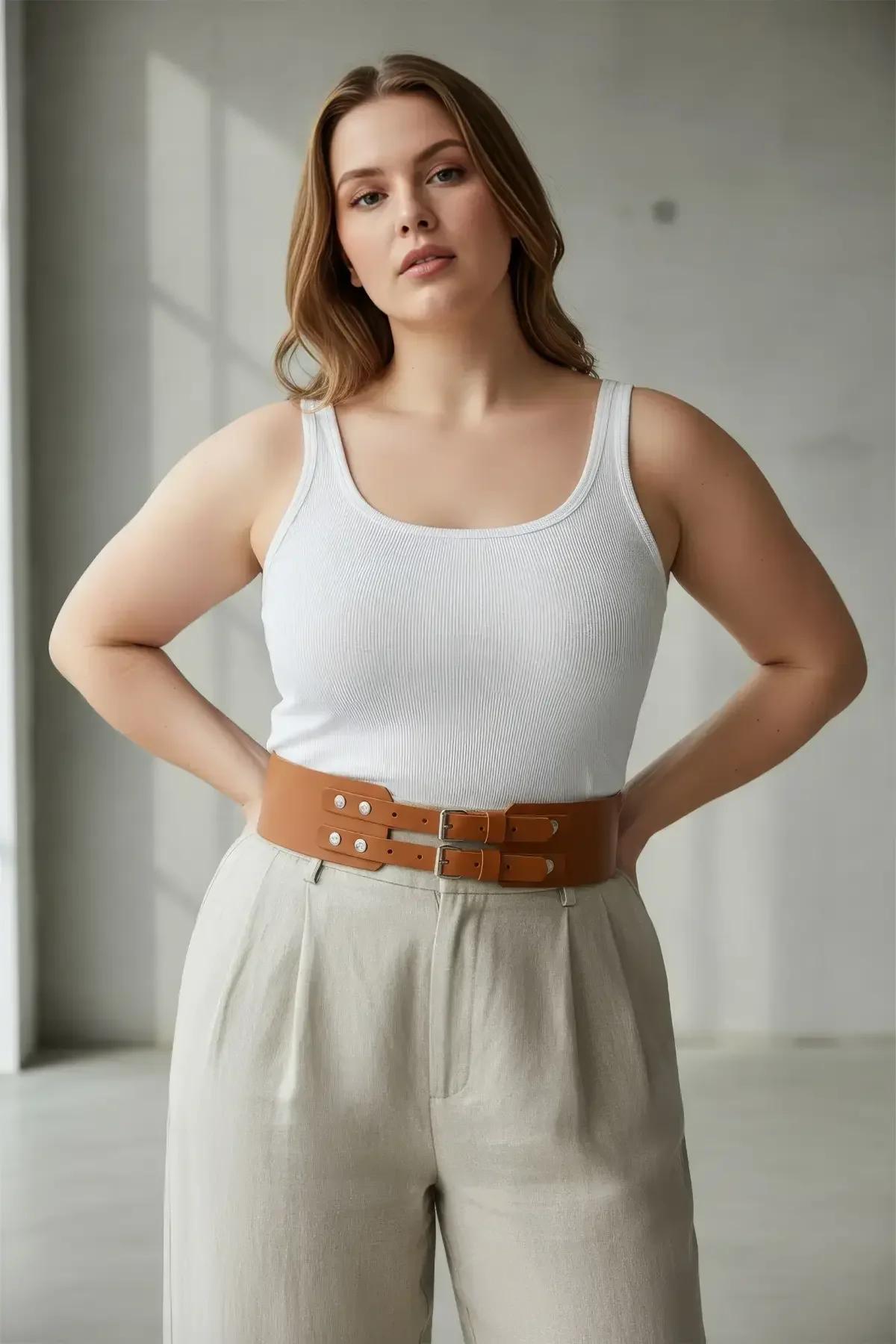 Wide Faux Leather Corset Belt with Double Buckle