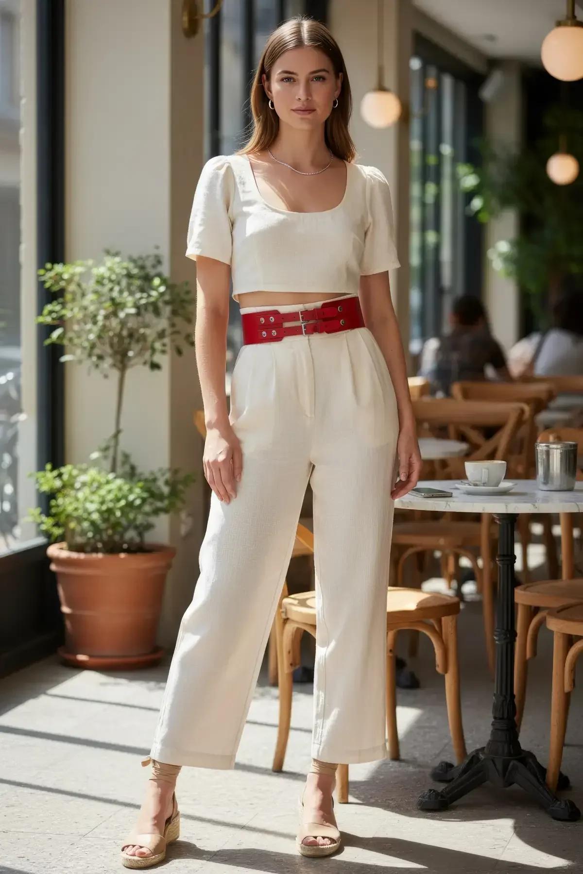 Wide Red Faux Leather Belt with Double Buckles