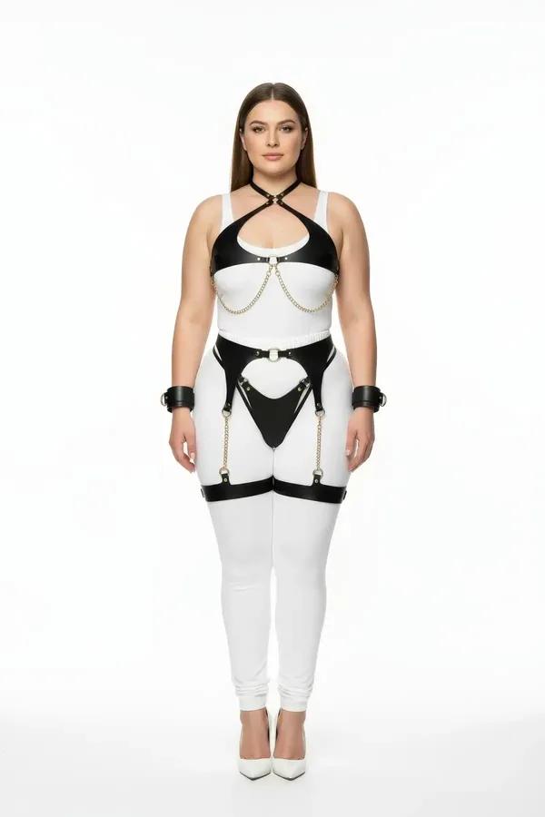 Plus Size Faux Leather Chain Harness Set with Garters