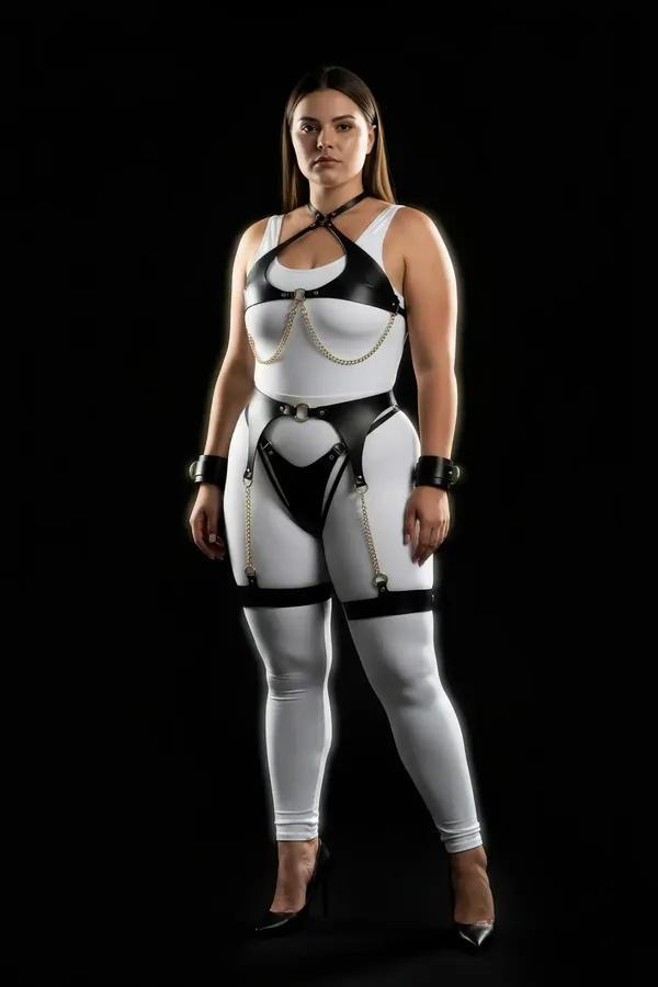 Plus Size Faux Leather Chain Harness Set with Garters