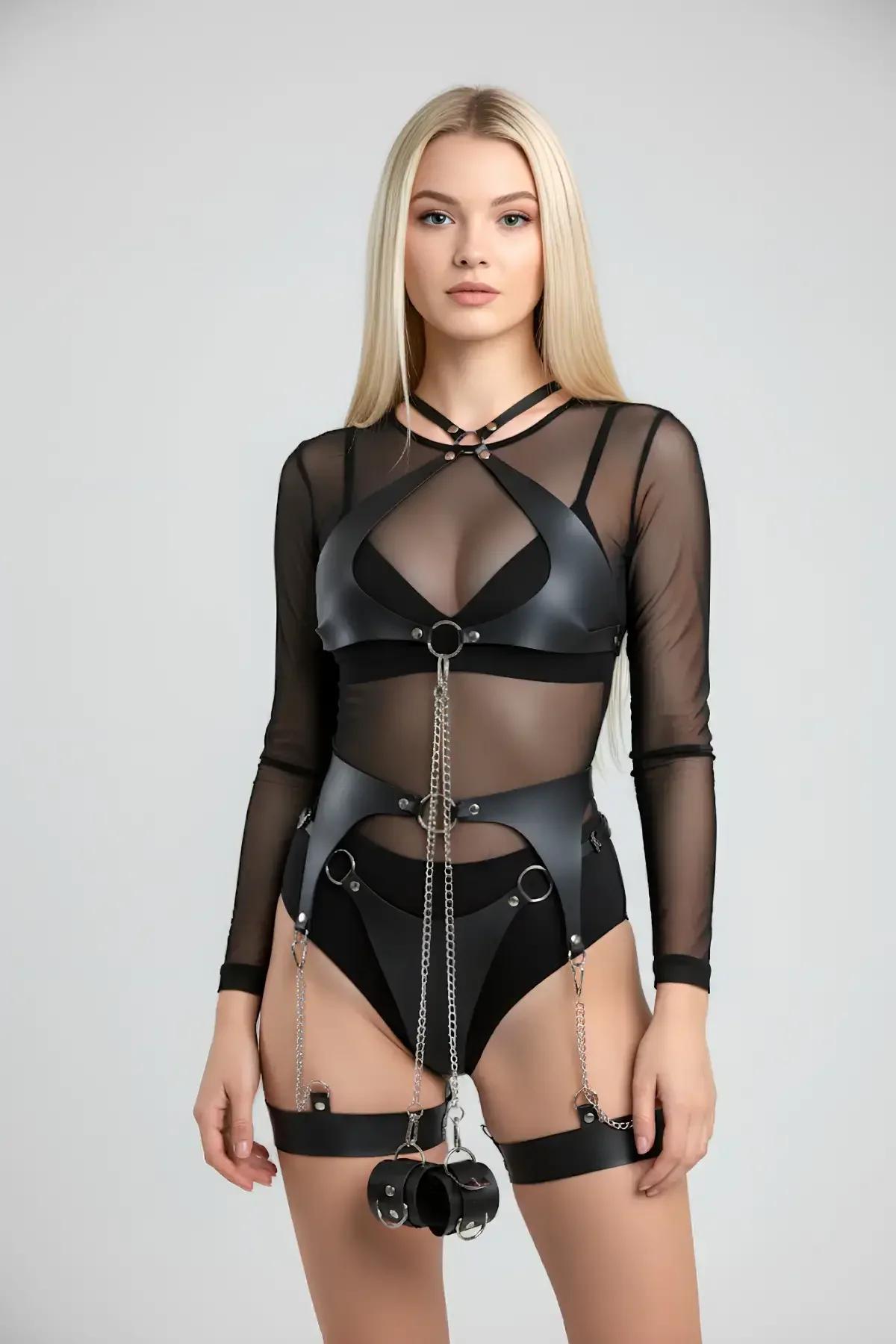Full Body Harness with Leg Garter Cuffs & Draped Chain