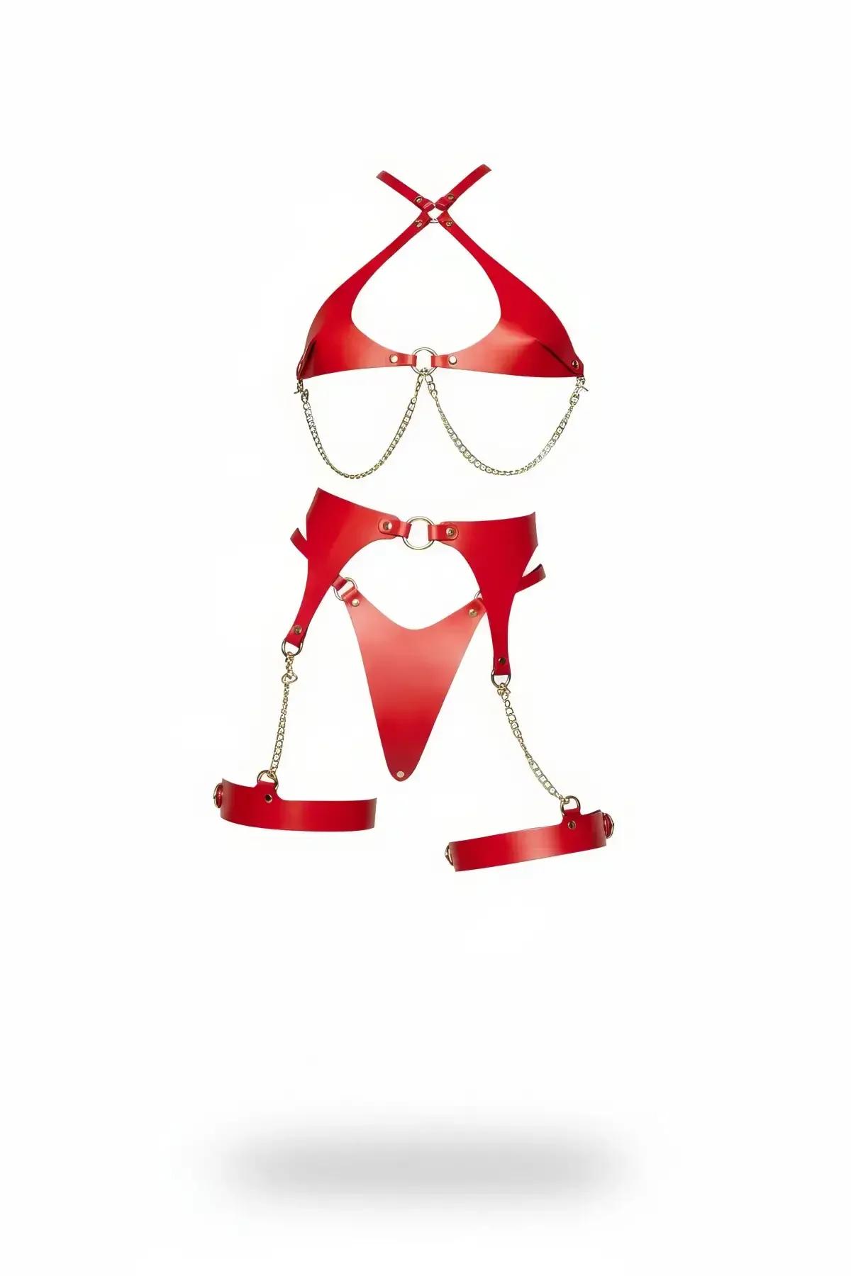 Red Faux Leather Harness Bra & Garter Set with Chains