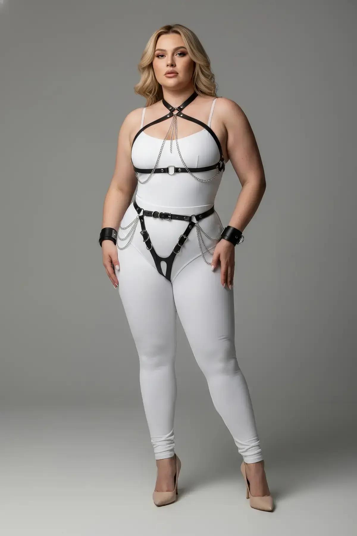 Black Faux Leather Full Body Harness with Choker & Cuffs