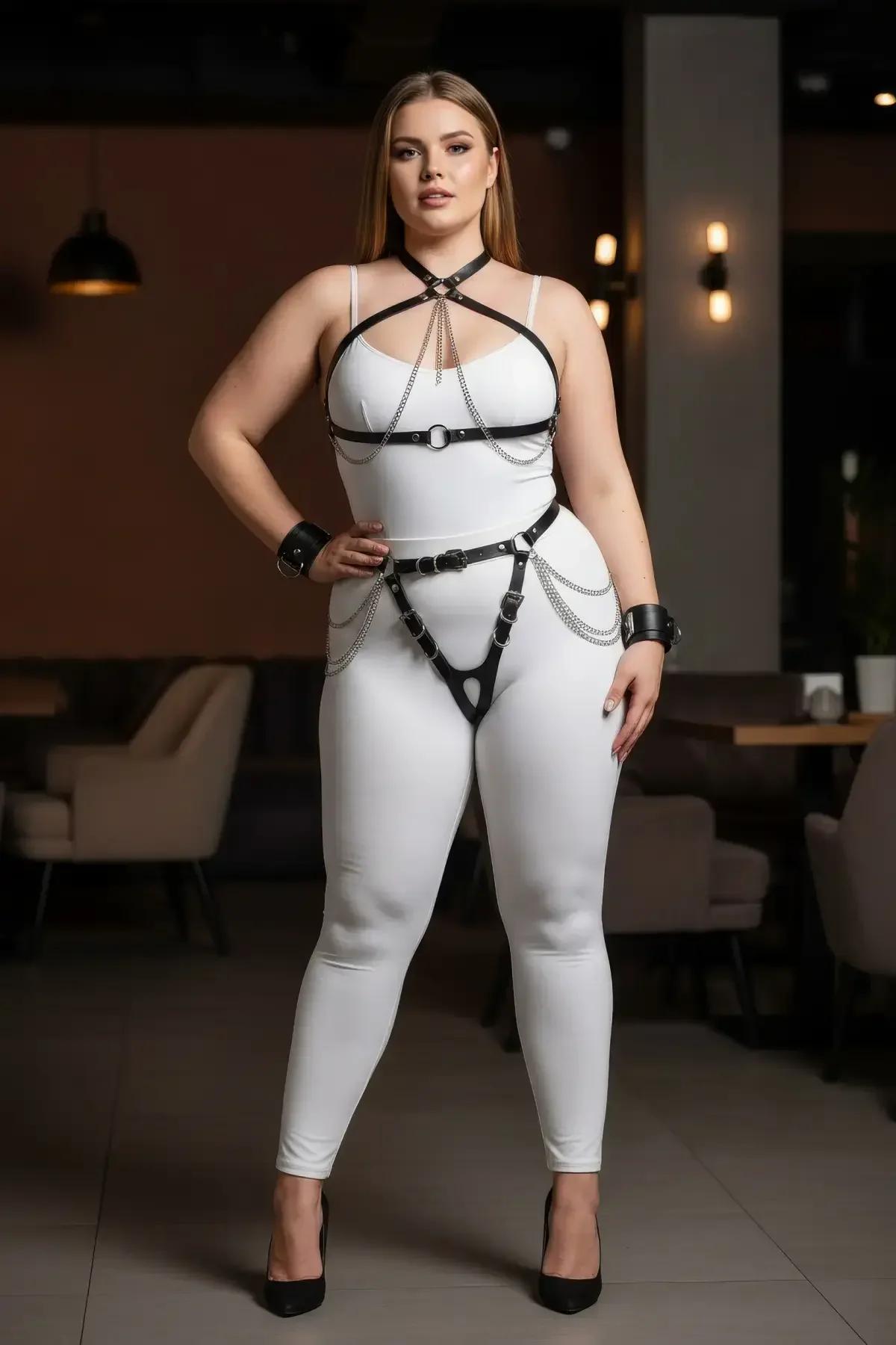 Black Faux Leather Full Body Harness with Choker & Cuffs