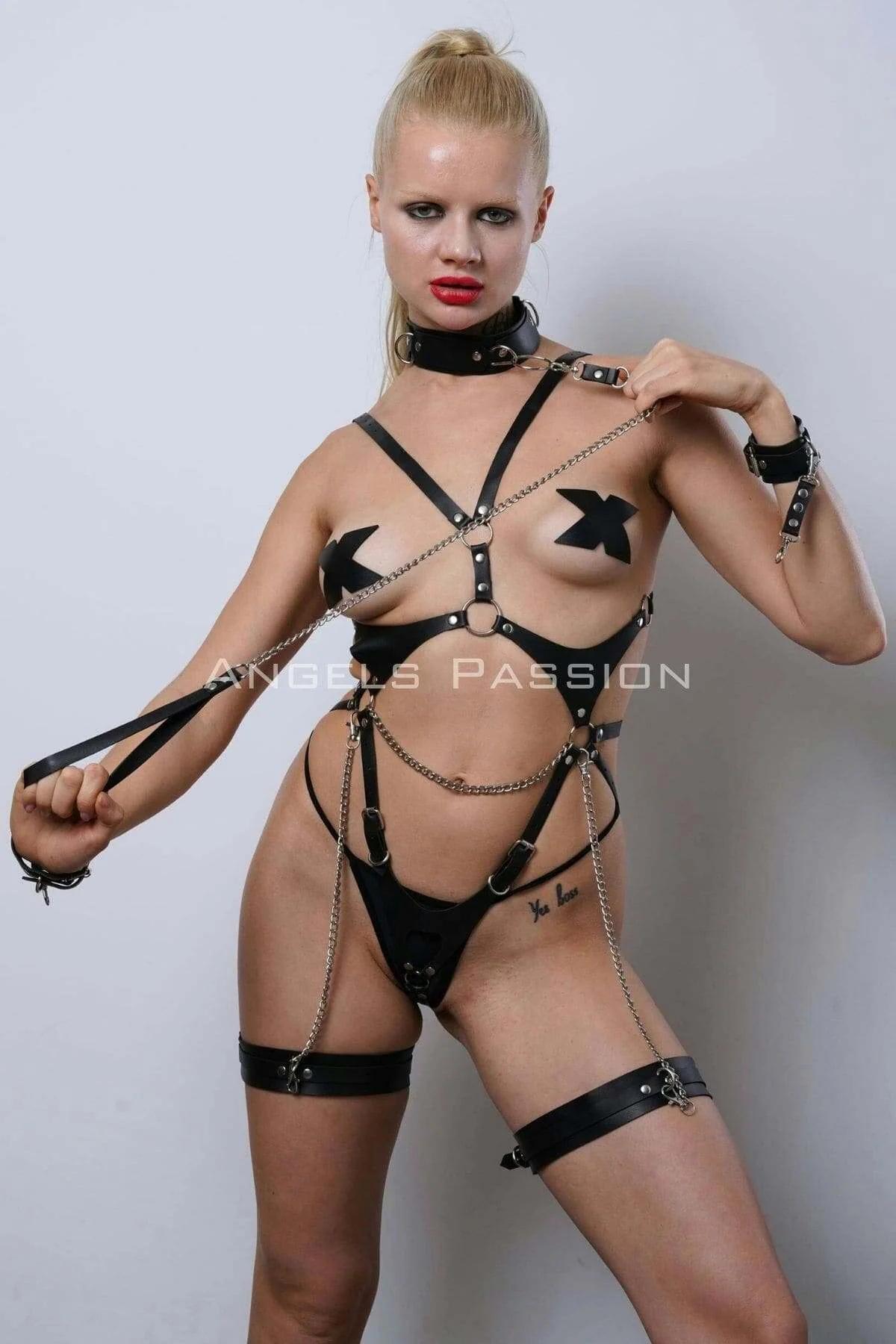 Premium Leather Collar & Body Harness Set