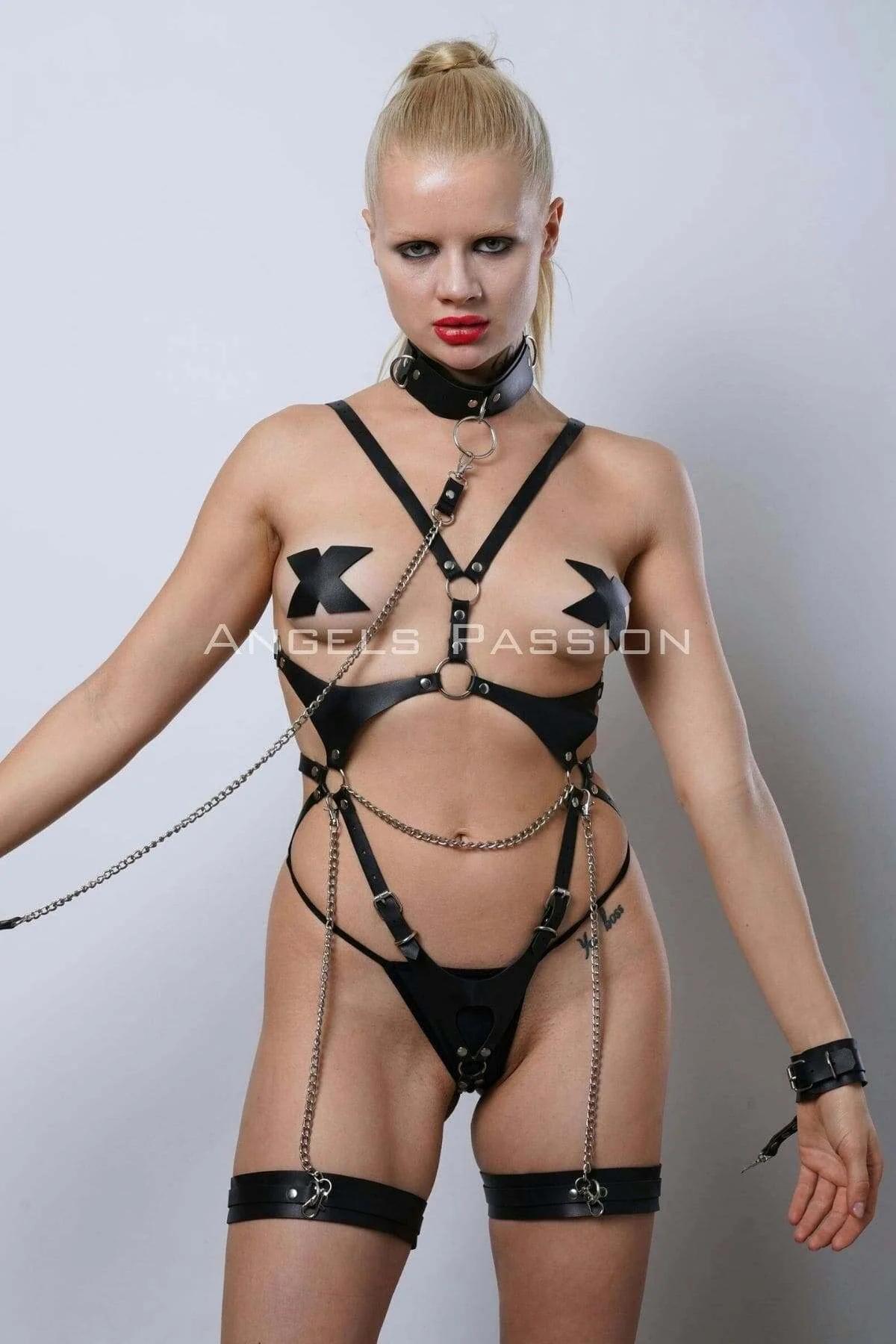 Premium Leather Collar & Body Harness Set