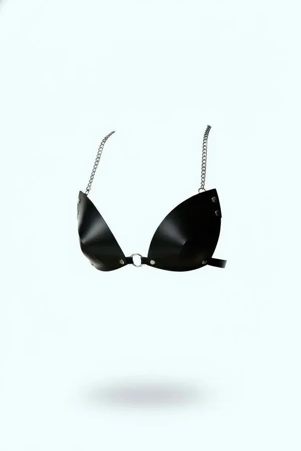 Faux Leather Bra Harness with Tapered Cups & Chain Straps