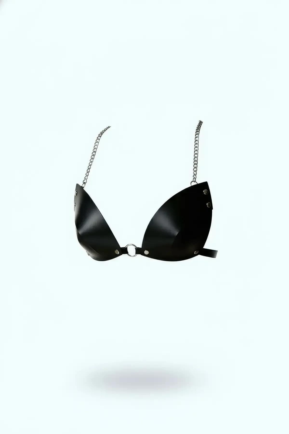 Faux Leather Bra Harness with Tapered Cups & Chain Straps