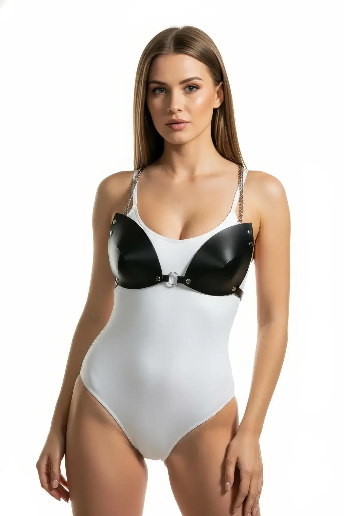 Black Faux Leather Harness Bra with Chain Detail