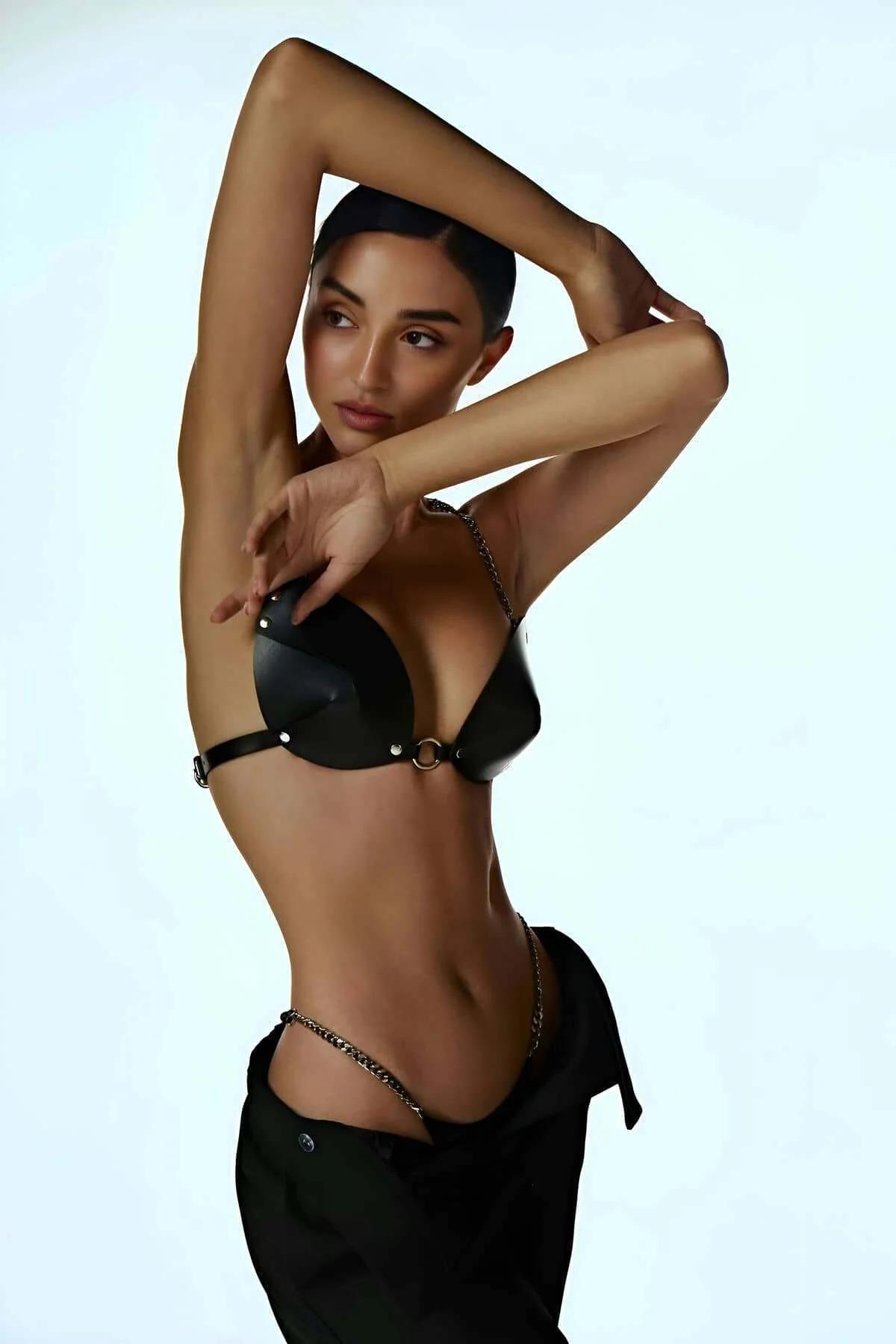 Leather Harness Bra Chain Set - Adjustable Intimate Wear
