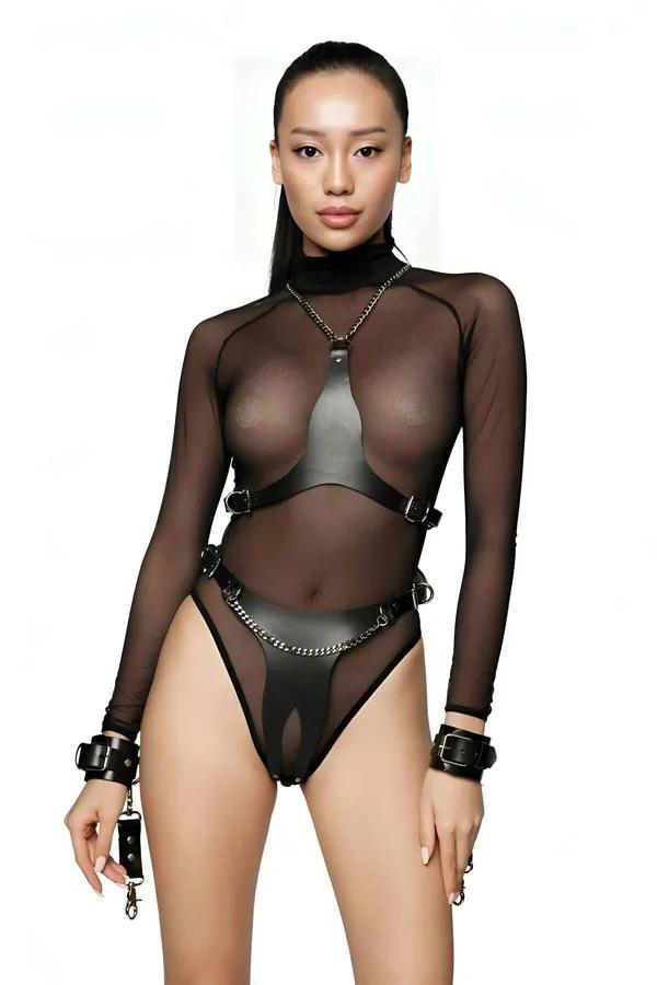 Women's Leather Harness Lingerie Set with Cuffs and Chains
