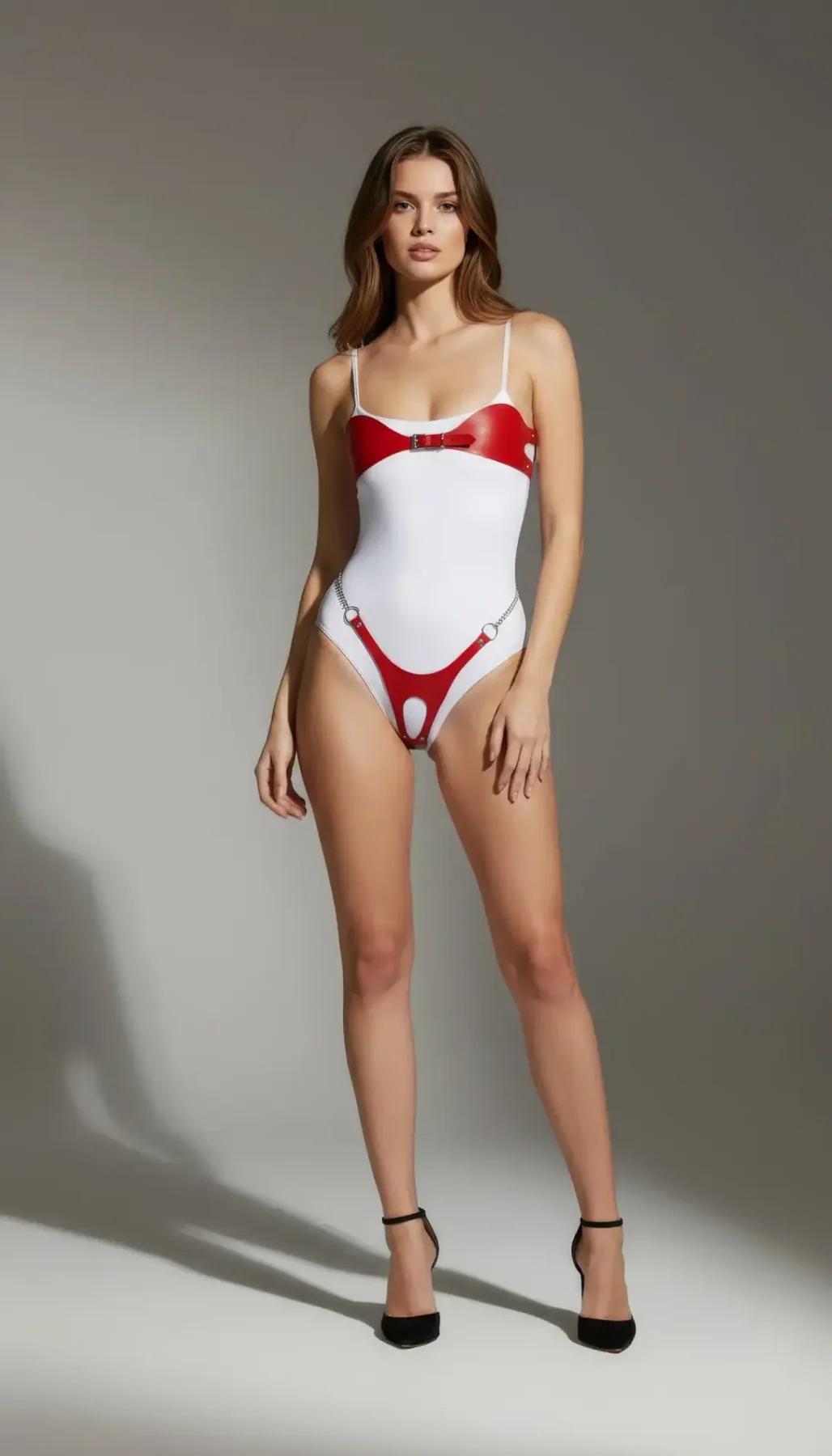 Vinyl Bodysuit with Red Bow Chest Harness
