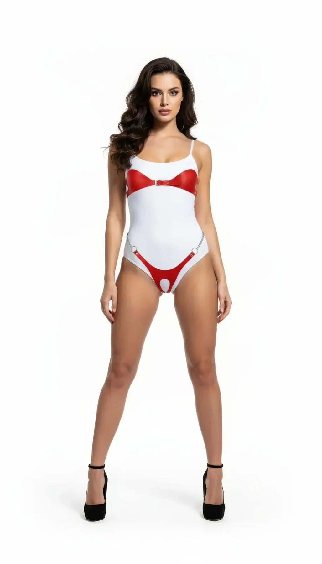 Vinyl Bodysuit with Red Bow Chest Harness