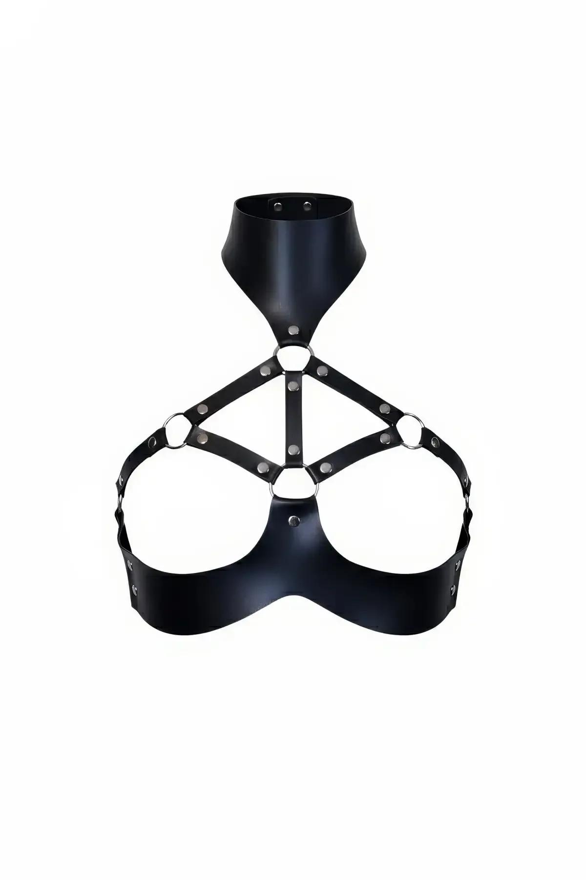 High Collar Faux Leather Chest Harness with O-Rings