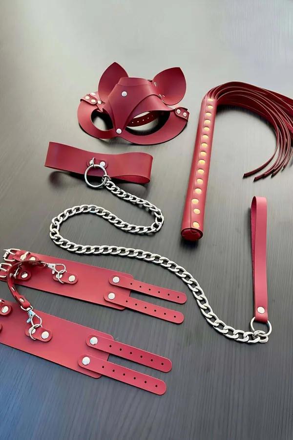 Red Faux Leather Fantasy Mask & Restraint Set