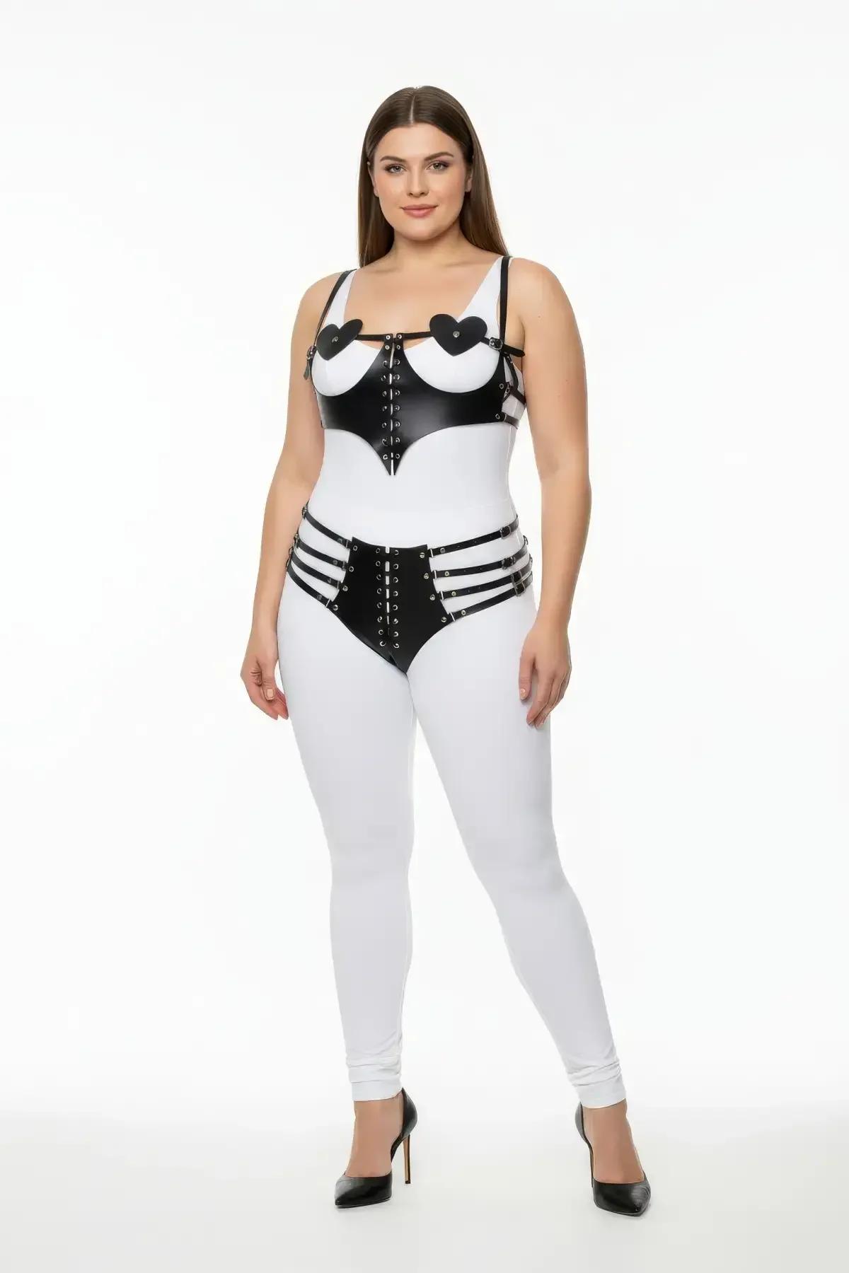 Heart Detail Faux Leather Harness Set with Corset Accents