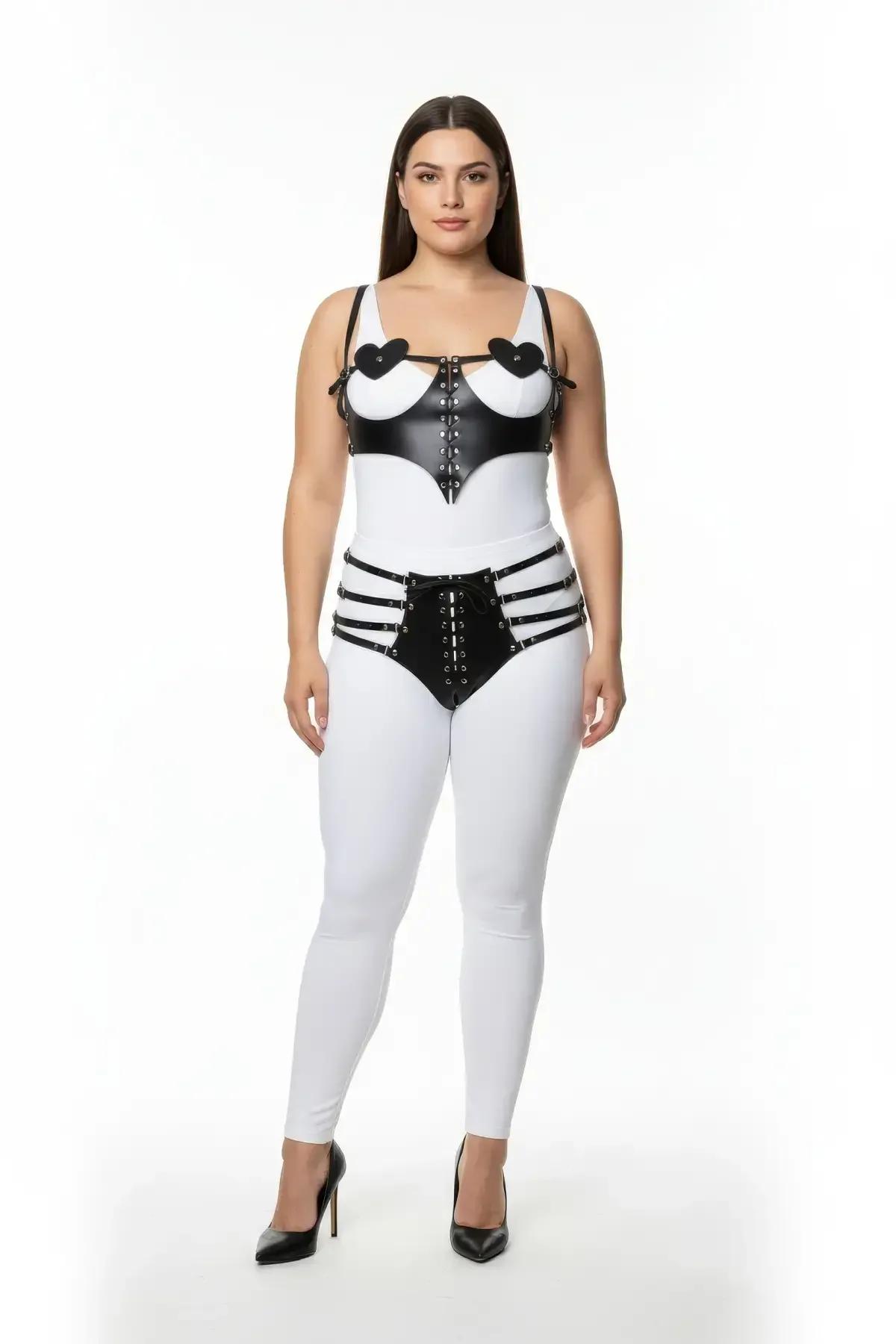 Heart Detail Faux Leather Harness Set with Corset Accents