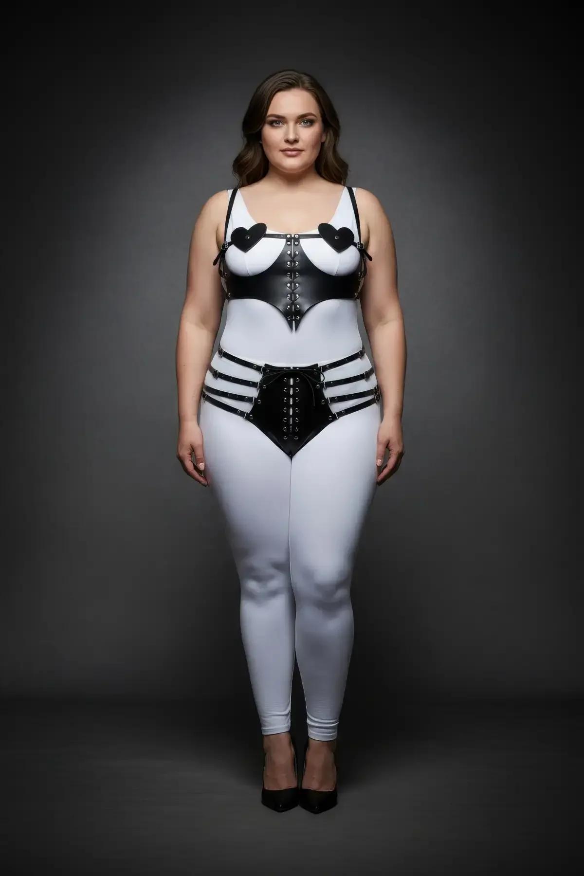 Heart Detail Faux Leather Harness Set with Corset Accents