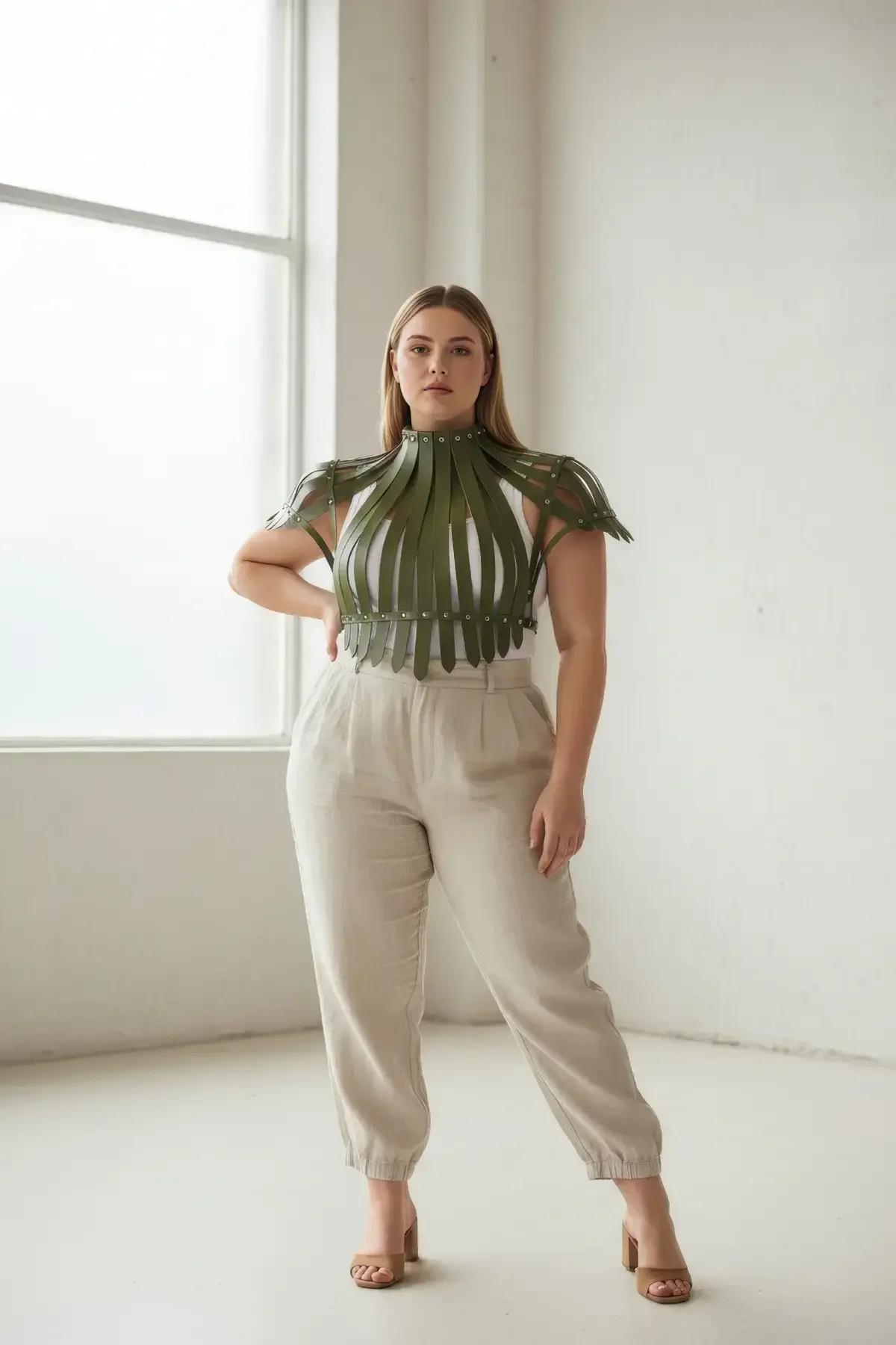 Olive Faux Leather Ribbed Cage Shrug Harness Top