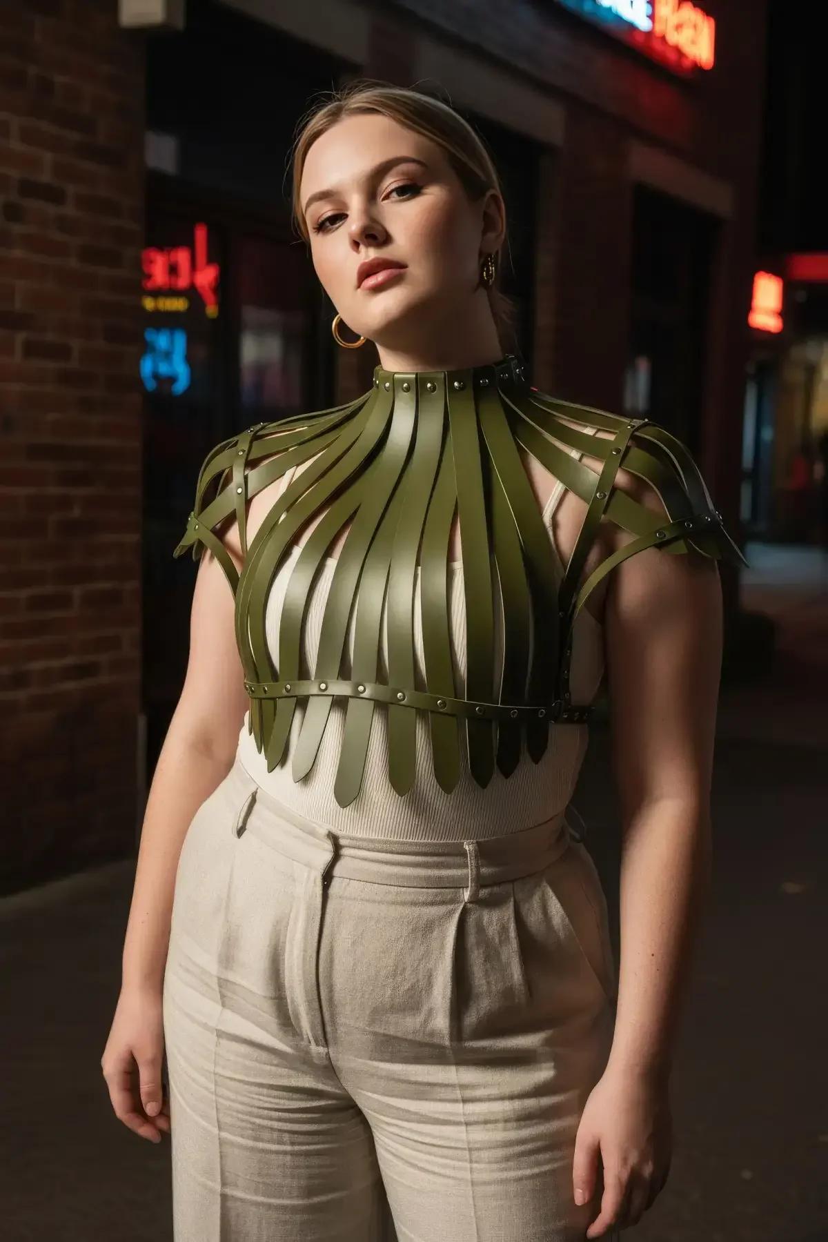 Olive Faux Leather Ribbed Cage Shrug Harness Top