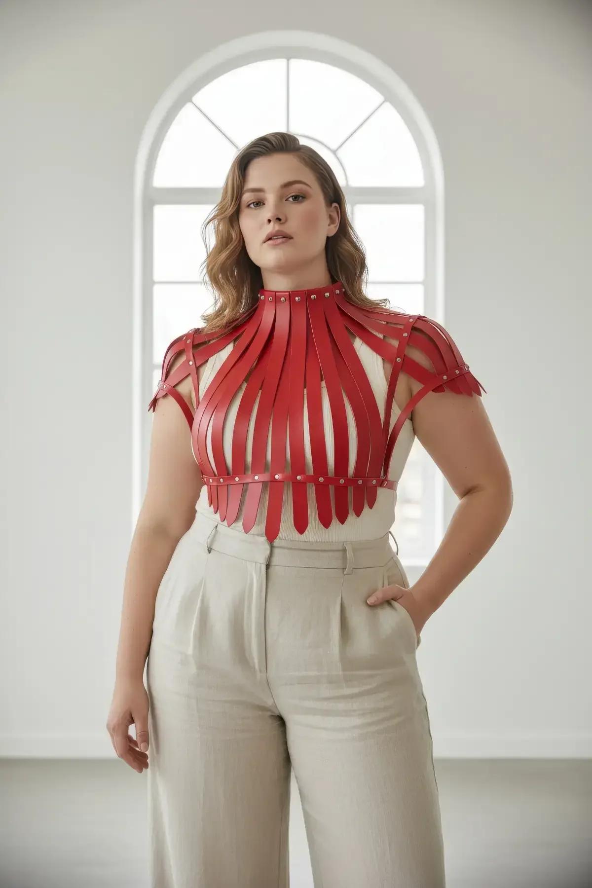 Red Sculptural High-Neck Faux Leather Harness