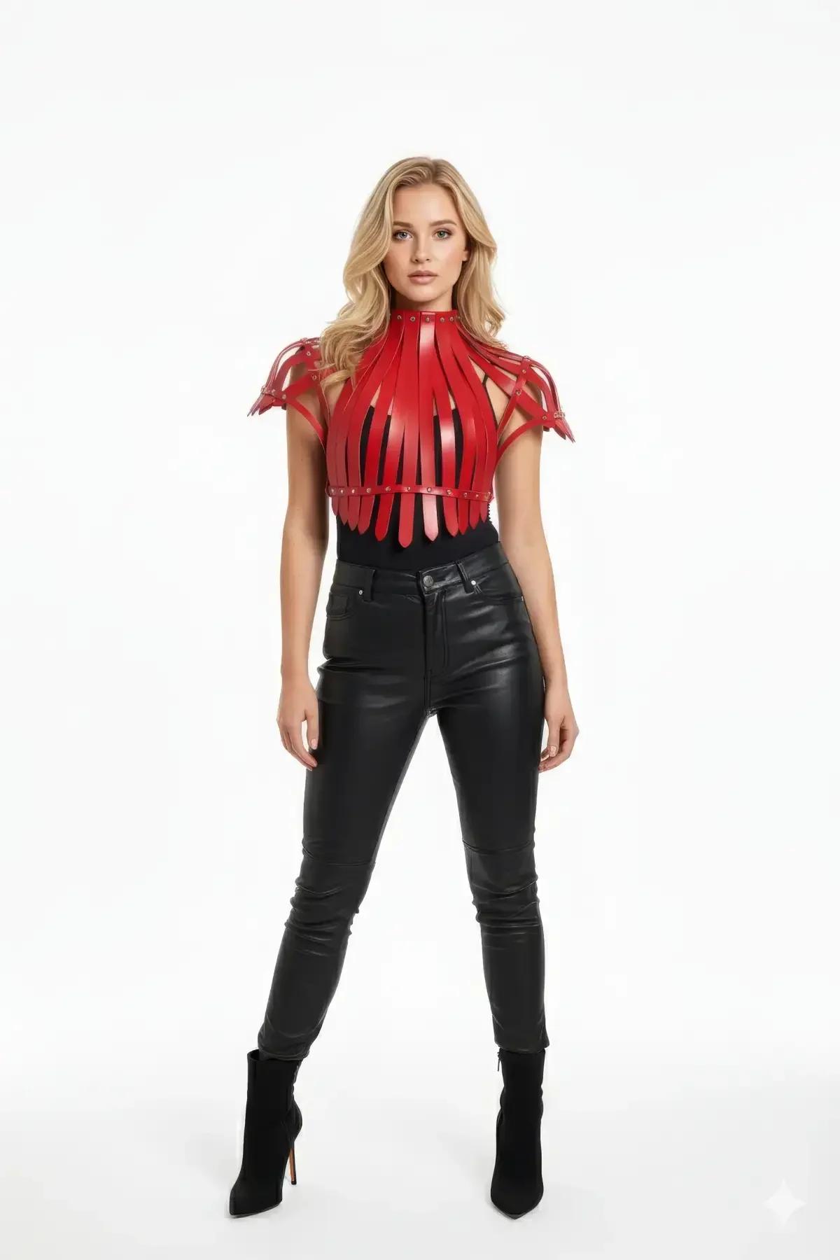 Red Faux Leather Architectural Shoulder Harness Top
