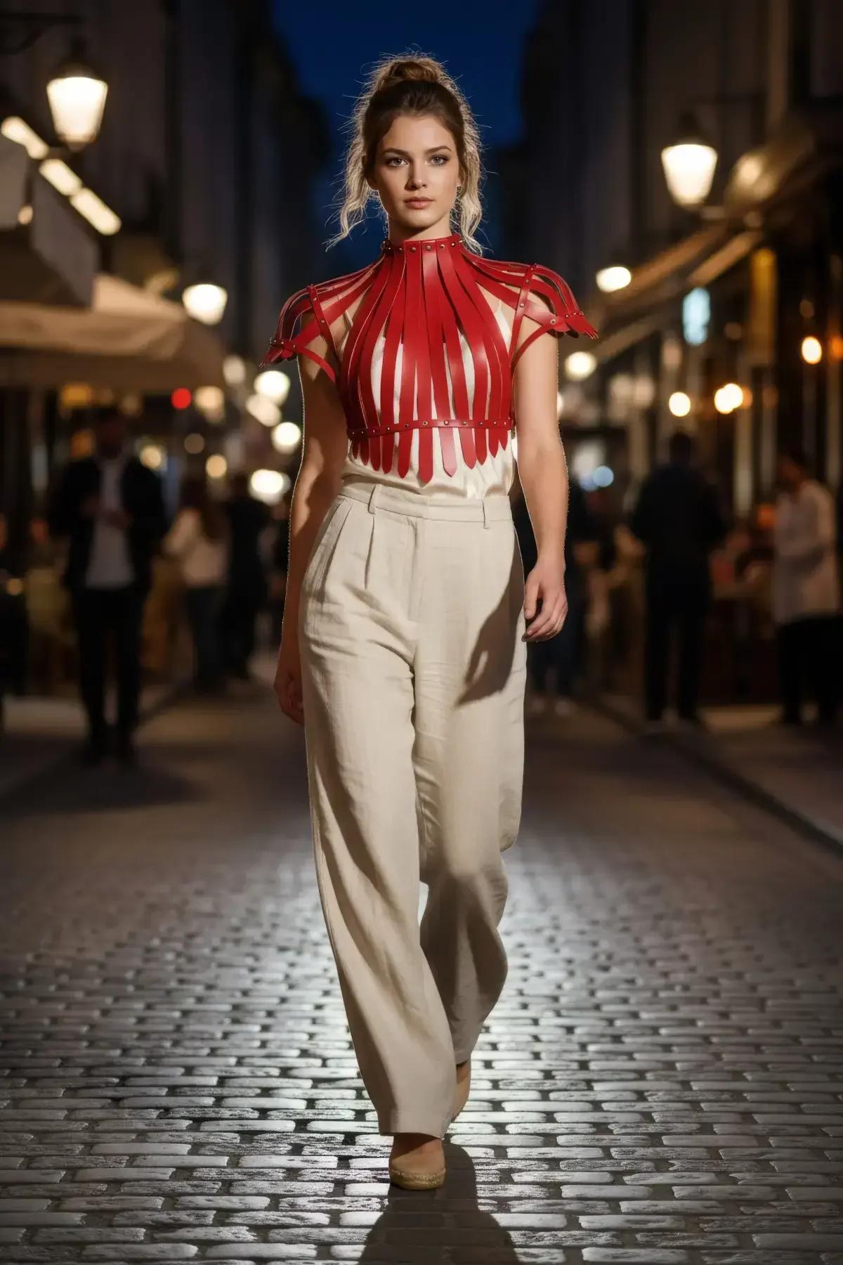 Red Faux Leather Architectural Shoulder Harness Top