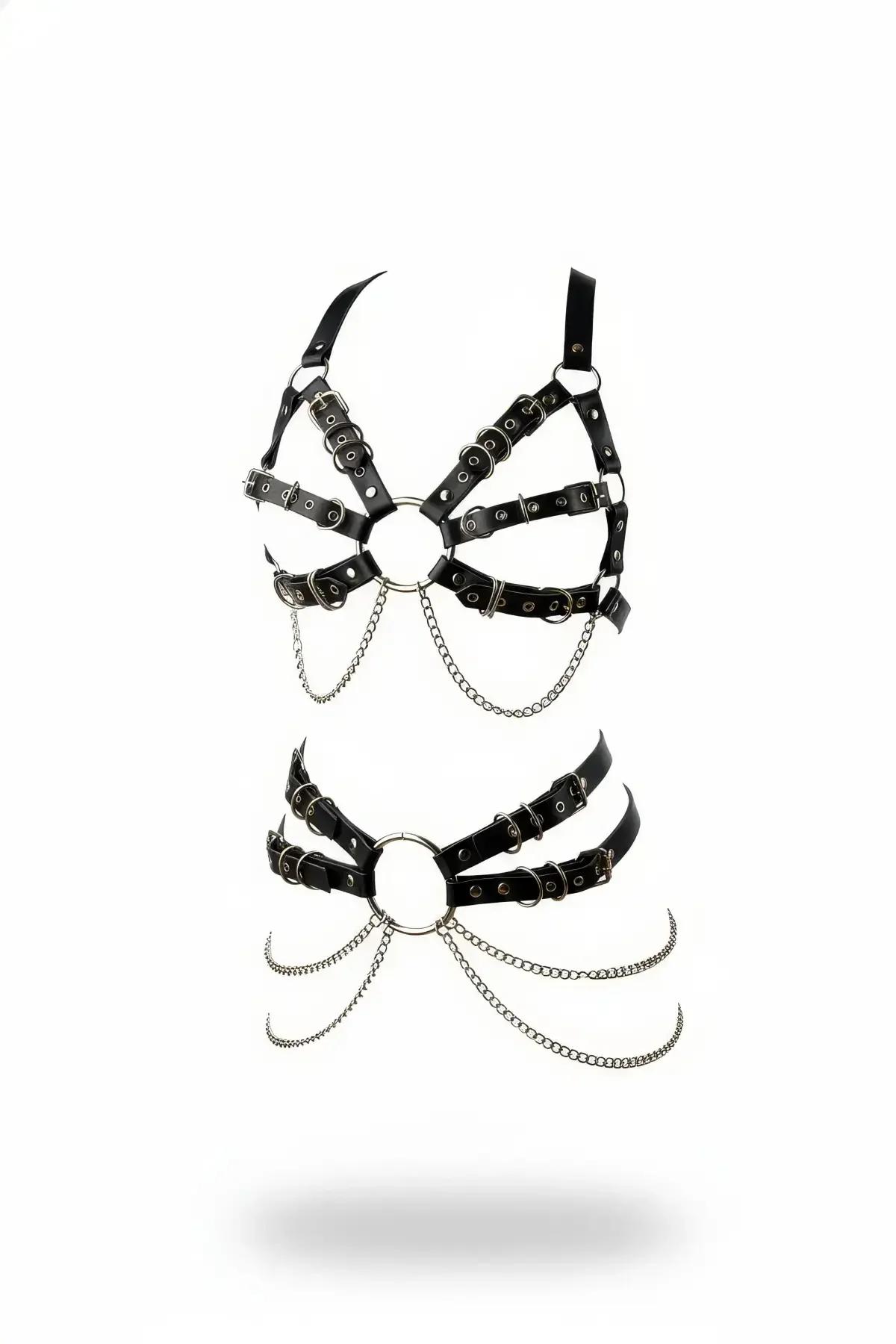 Strappy Faux Leather Body Harness Set with Waist Chains