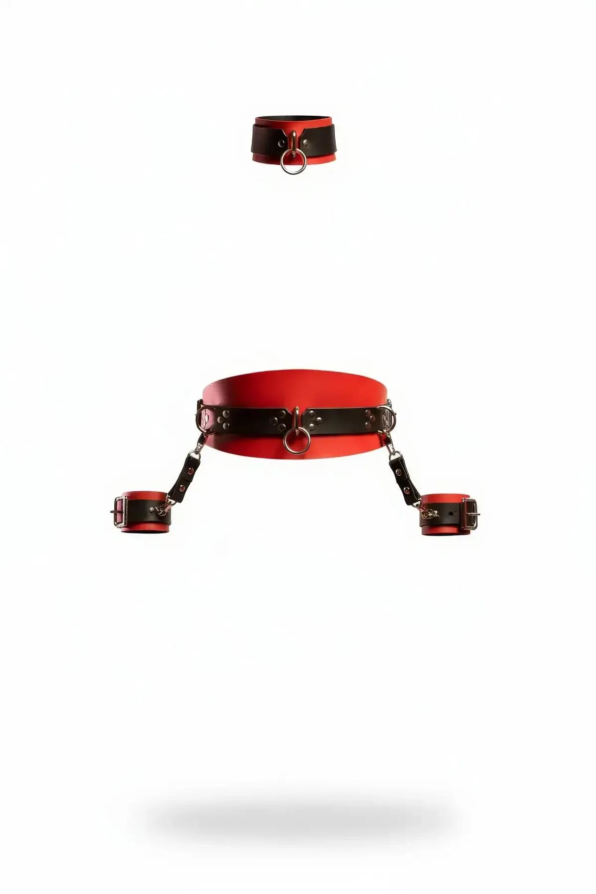 Red Faux Leather Waist Belt with Detachable Cuffs & Collar