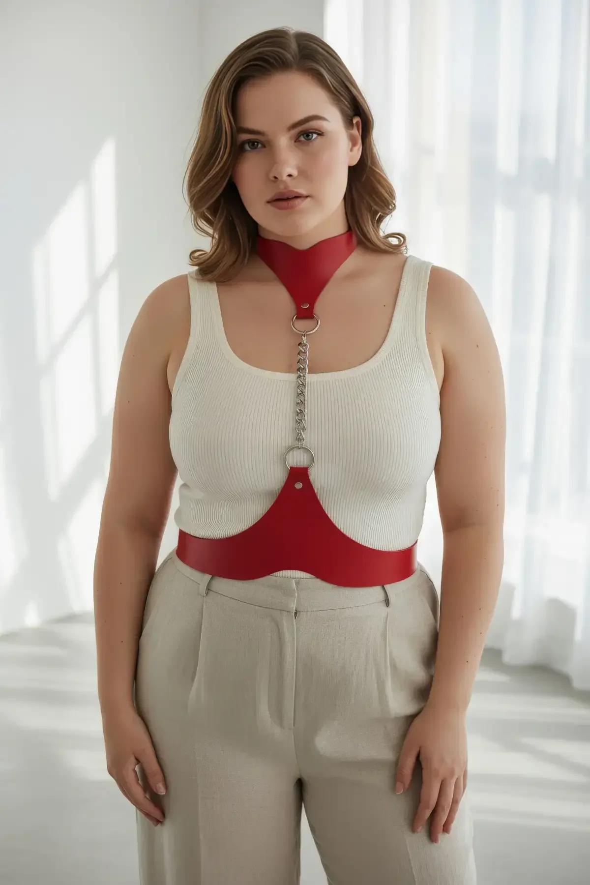Red Vegan Leather Choker Chain Waist Harness