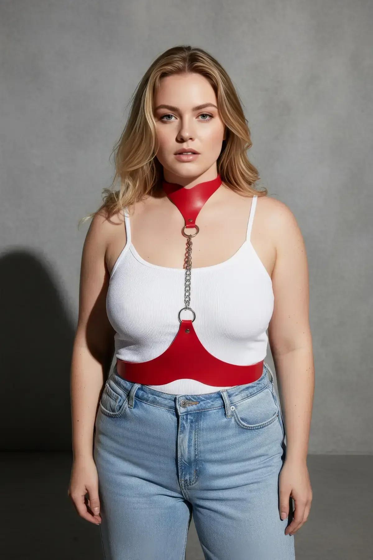 Red Vegan Leather Choker Chain Waist Harness