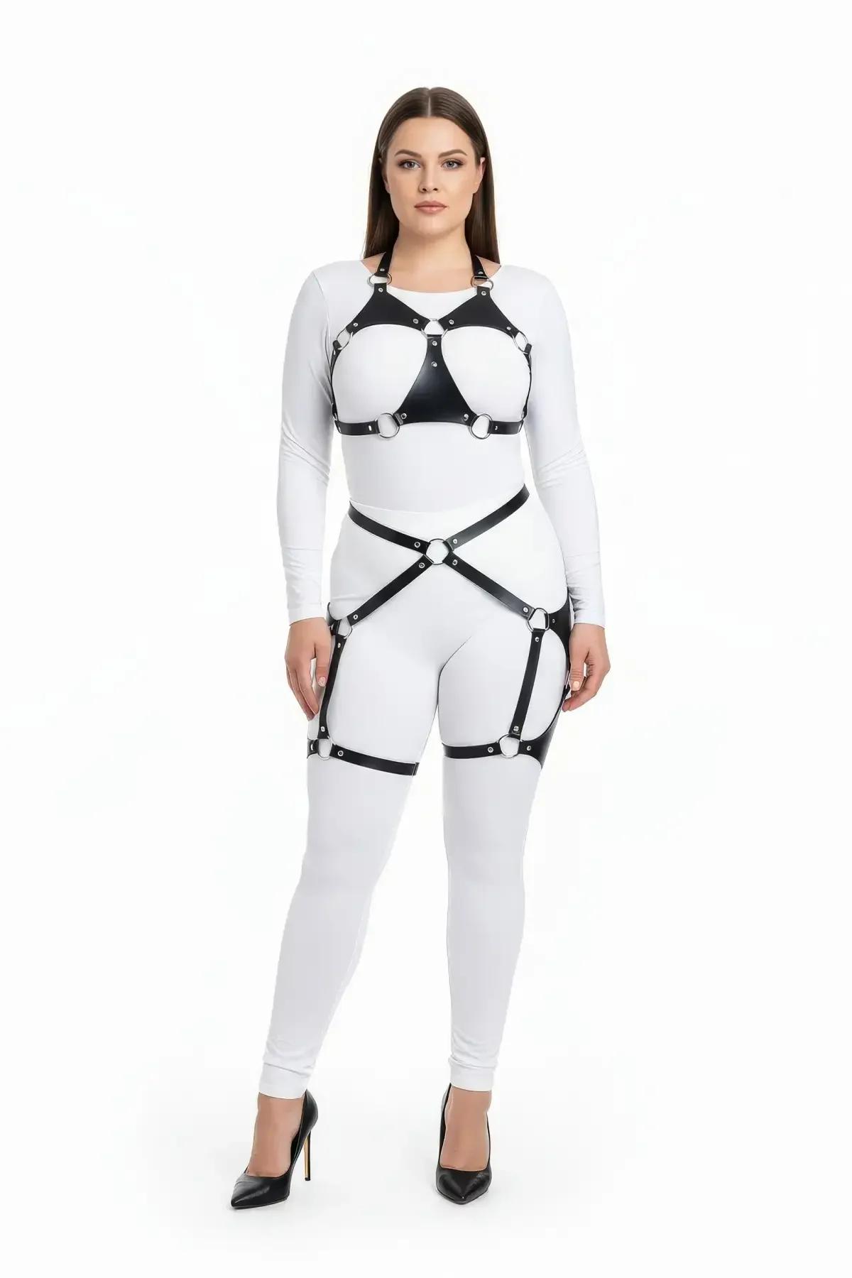 Black Faux Leather Full Body Harness with O-Rings & Garters
