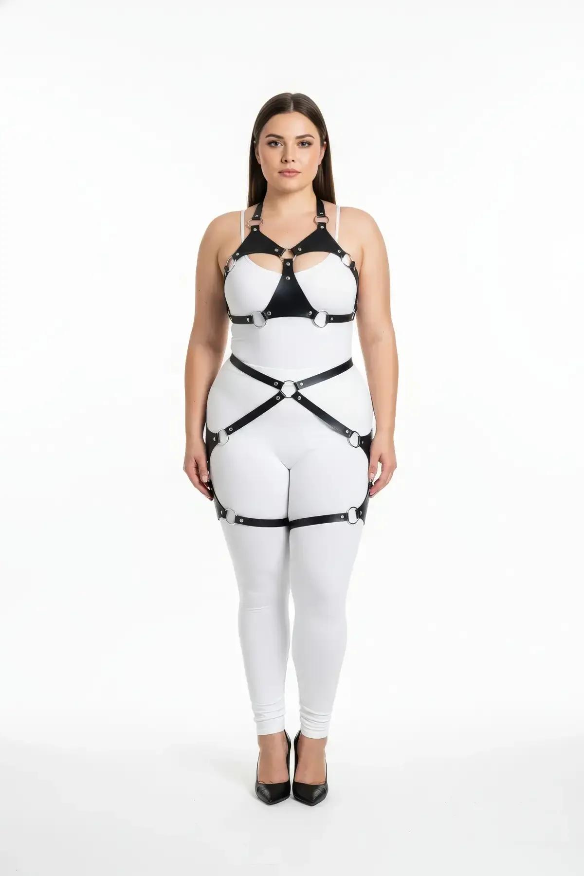 Black Faux Leather Full Body Harness with O-Rings & Garters